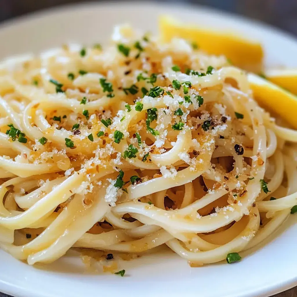 A zoomed-in shot of linguine tossed with cheese, garnished with herbs, and served with lemon slices.