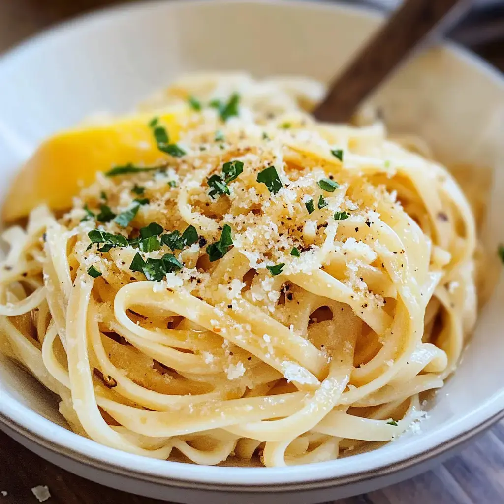 A plate of pasta sprinkled with cheese and herbs, with a lemon wedge on the side.