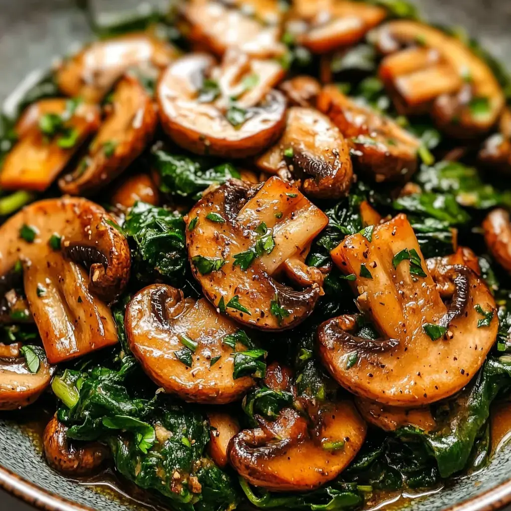 Close-up of mushrooms and spinach topped with fresh parsley in a dish.