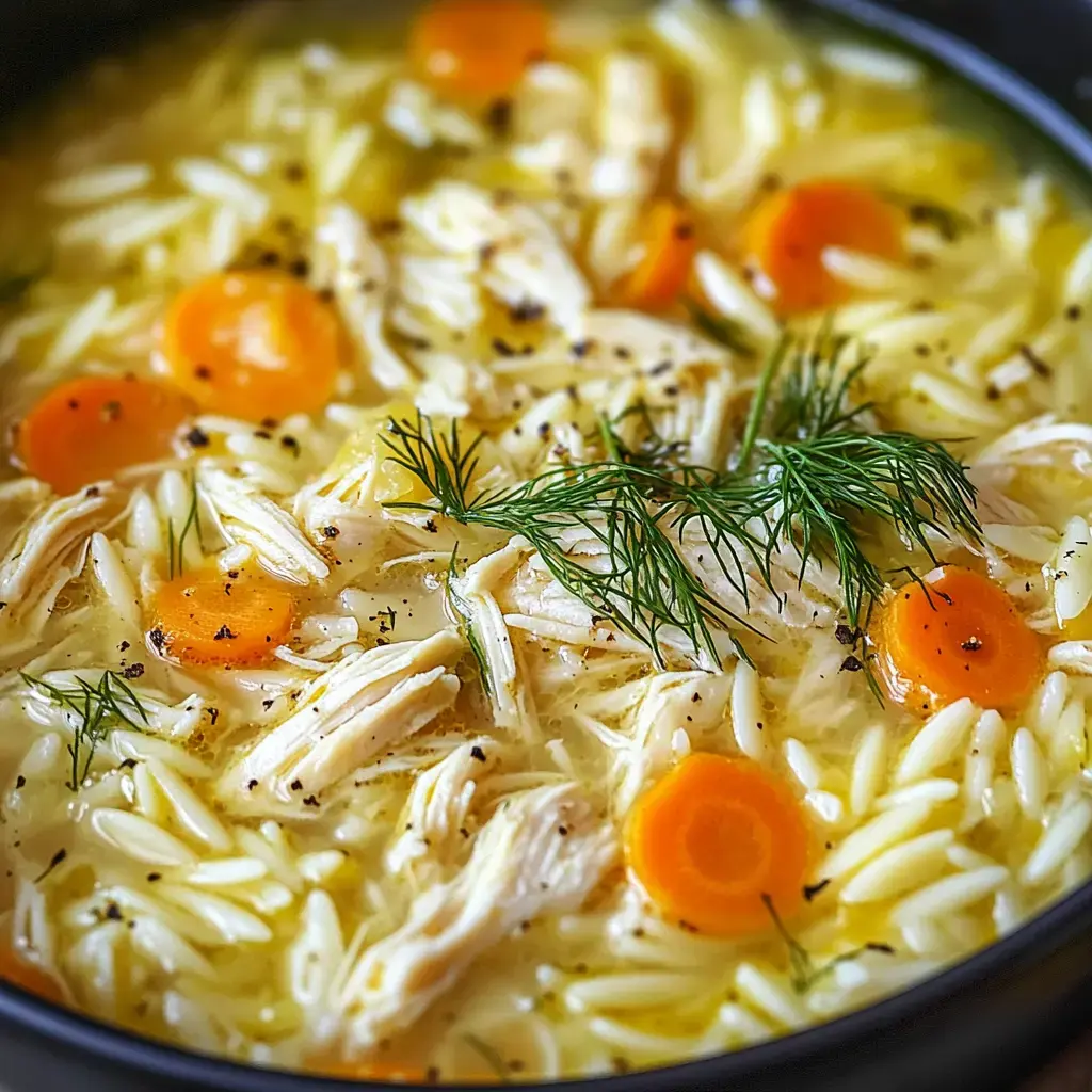 Close-up of soothing chicken and rice soup with bright carrot slices and fresh dill on top.