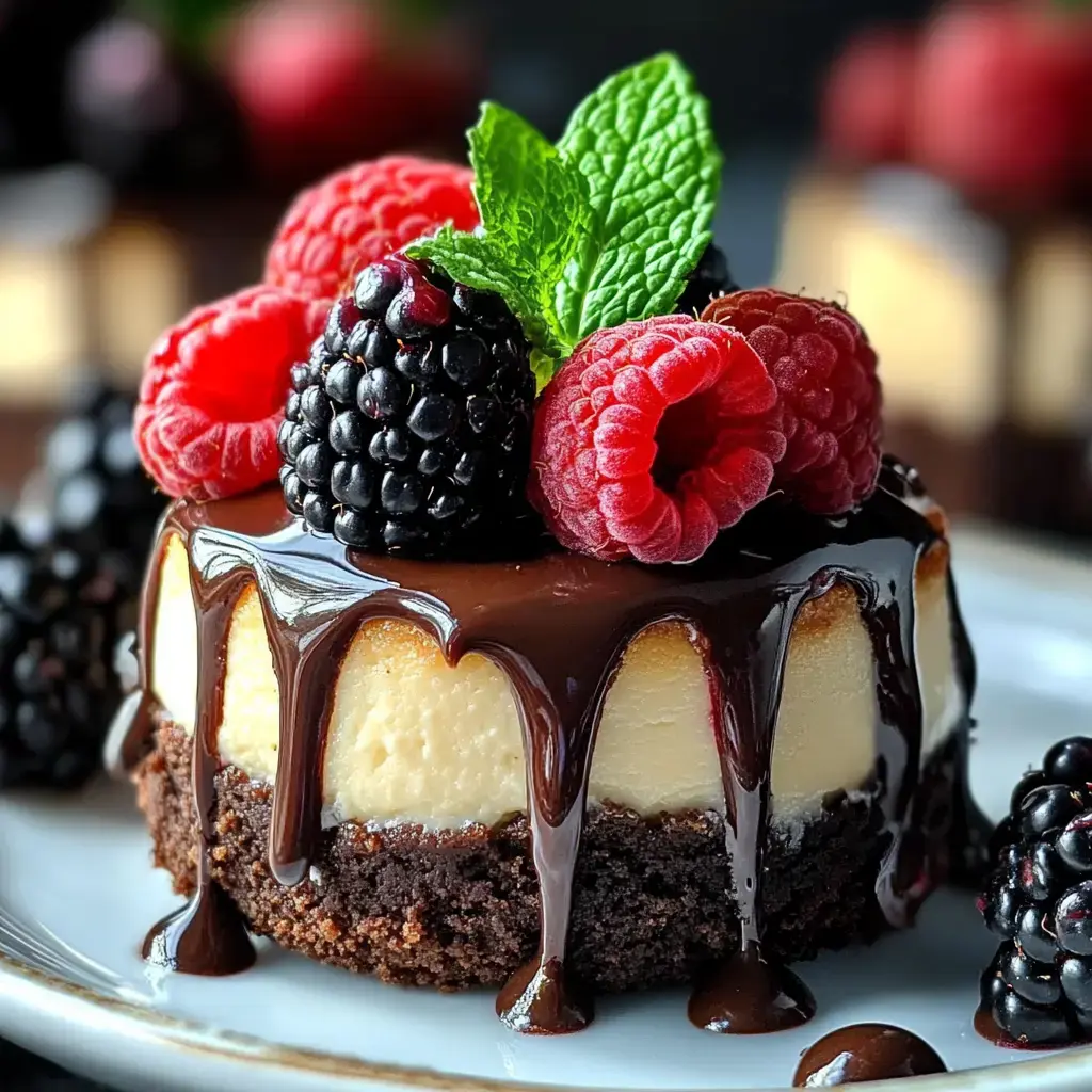 A creamy cheesecake topped with fresh fruit and drizzle resting on a rich brownie base.