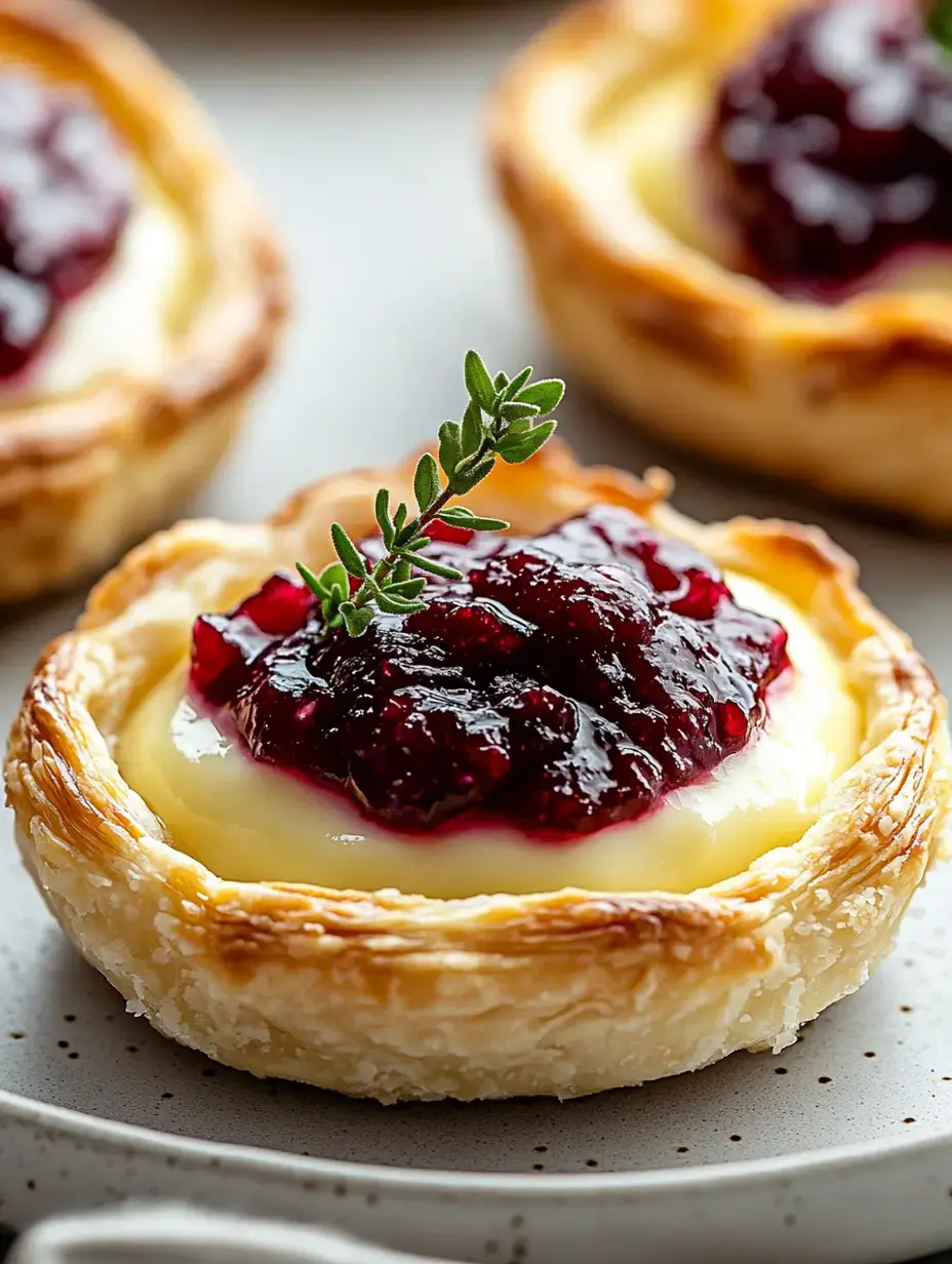 A close-up of a pastry tart filled with creamy custard and topped with a glossy berry jam and a sprig of thyme.