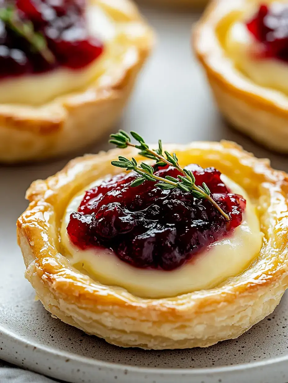 A close-up of a flaky pastry tart topped with creamy custard and a layer of dark berry compote, garnished with a sprig of thyme.