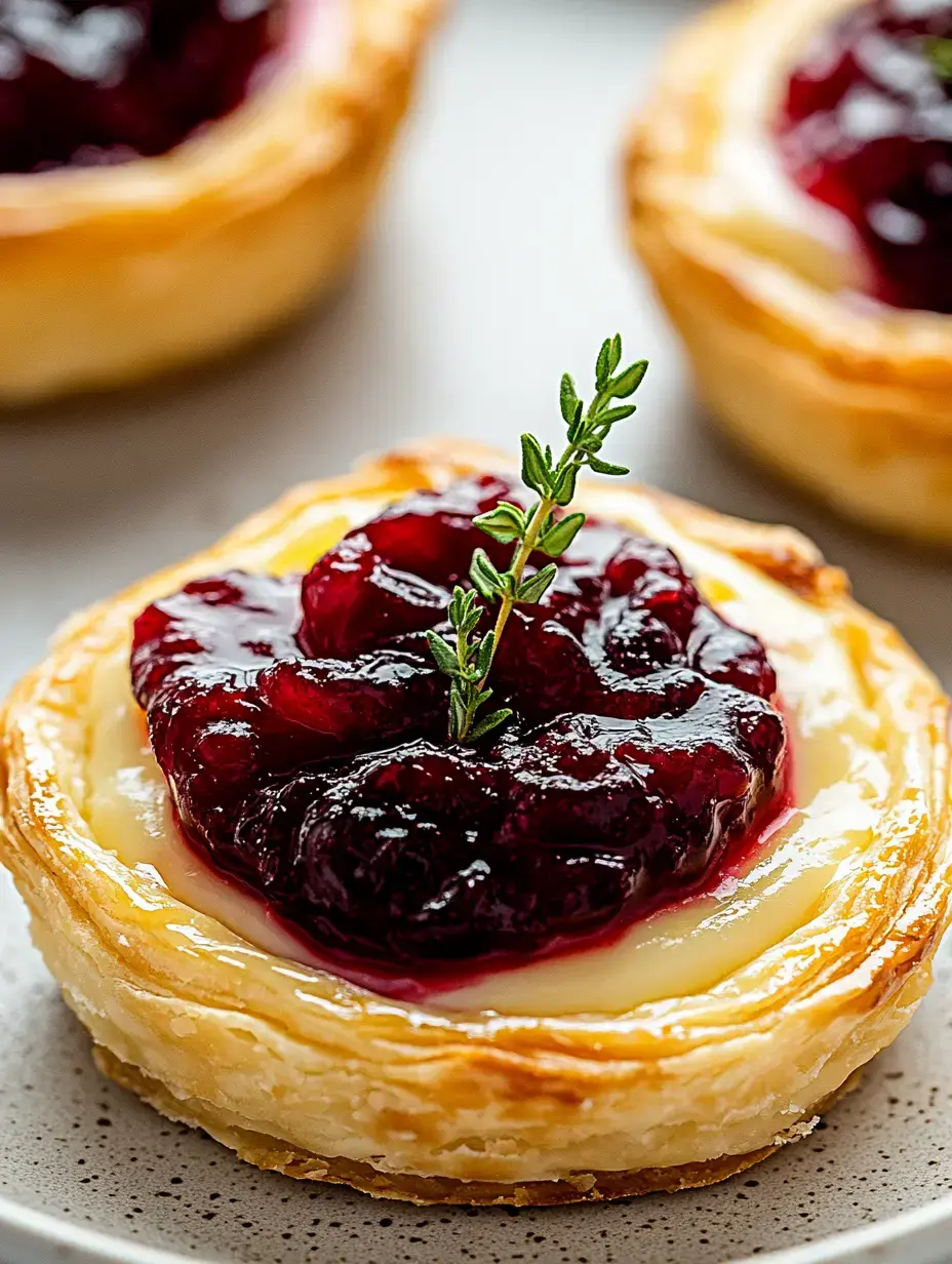 A close-up of a creamy pastry topped with a glossy berry compote and garnished with a small sprig of thyme.