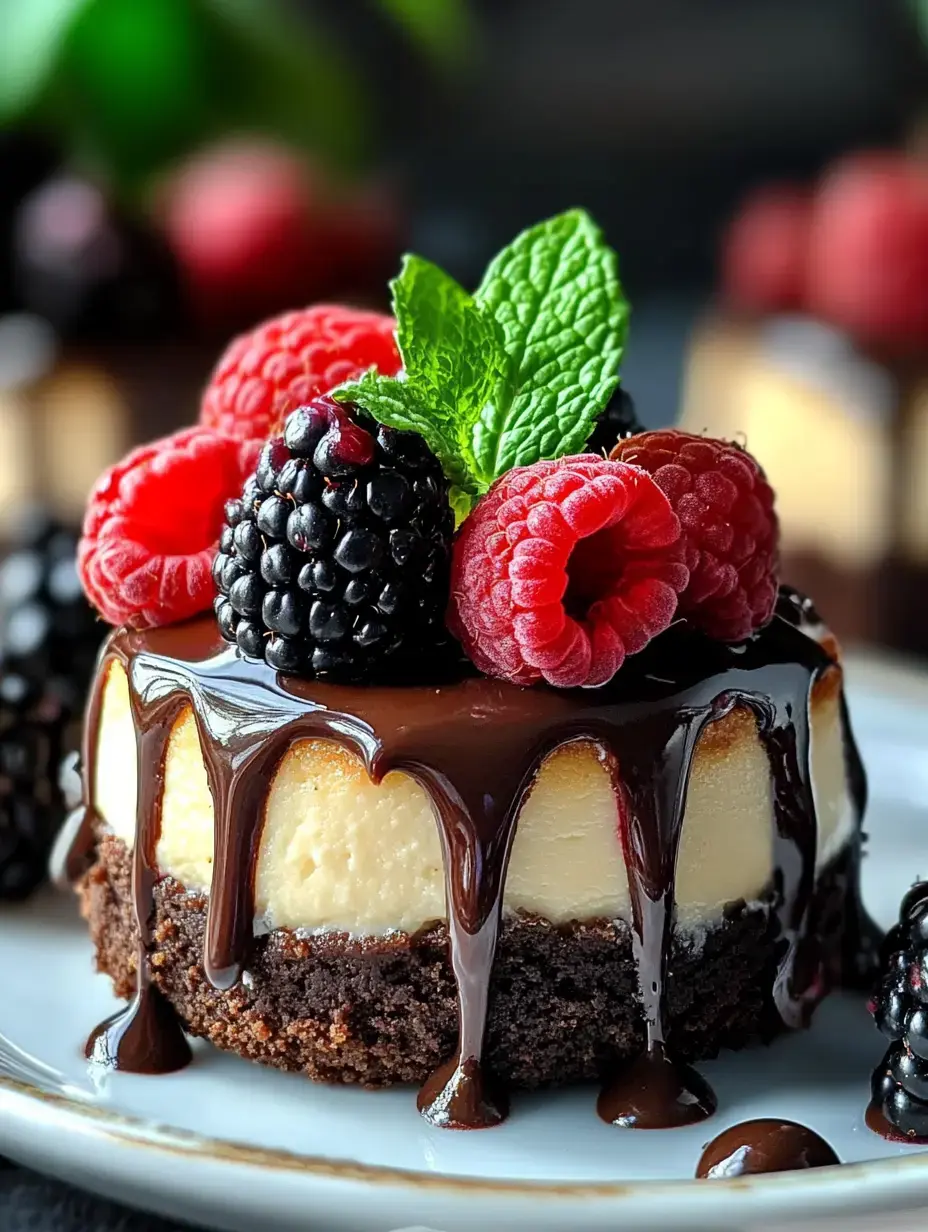 A chocolate treat covered in drizzle with fresh berries and mint sitting on a fancy plate.