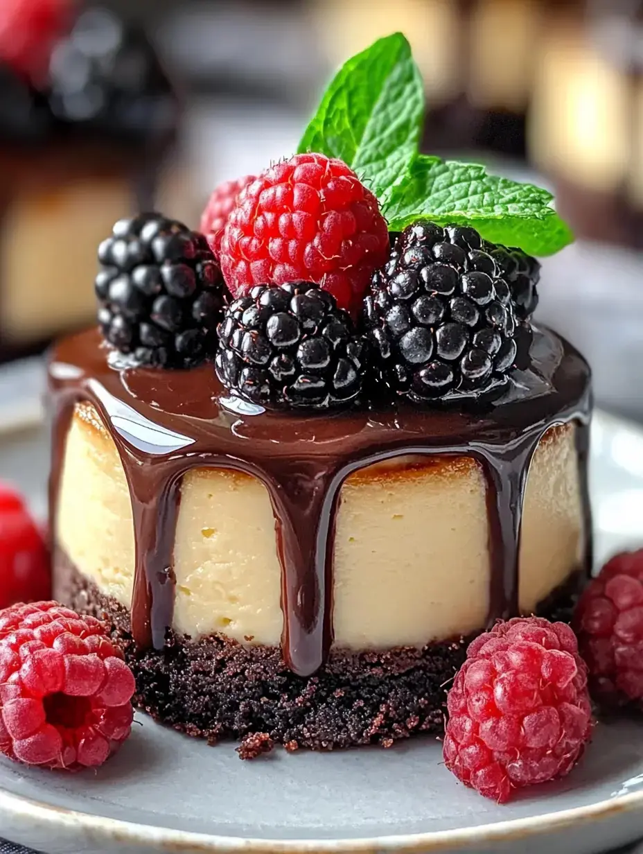 A dark chocolate dessert topped with juicy raspberries, blackberries, and fresh mint leaf.