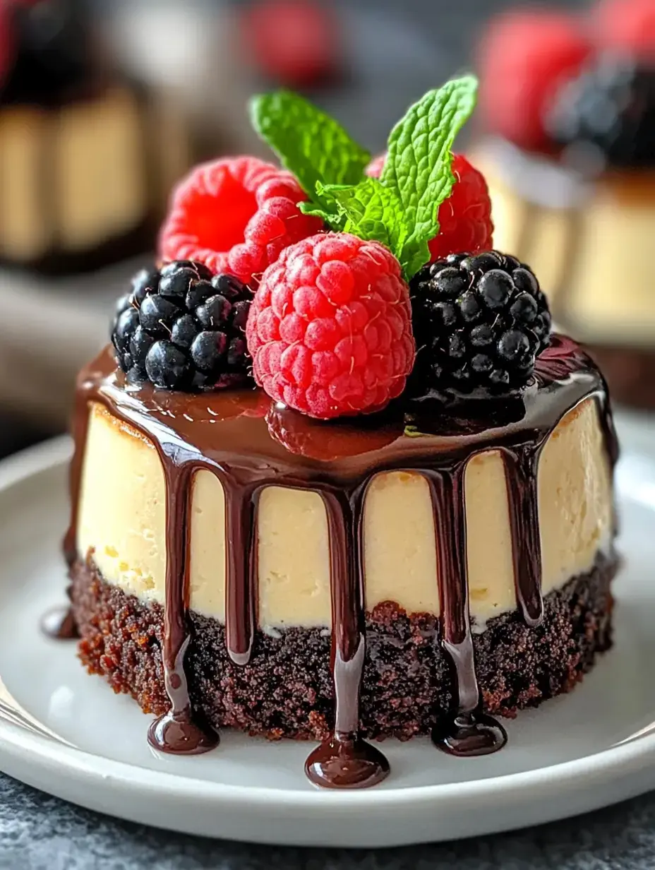A zoomed-in view of a chocolate-covered sweet with red raspberries, dark blackberries, and green mint on a white dish.