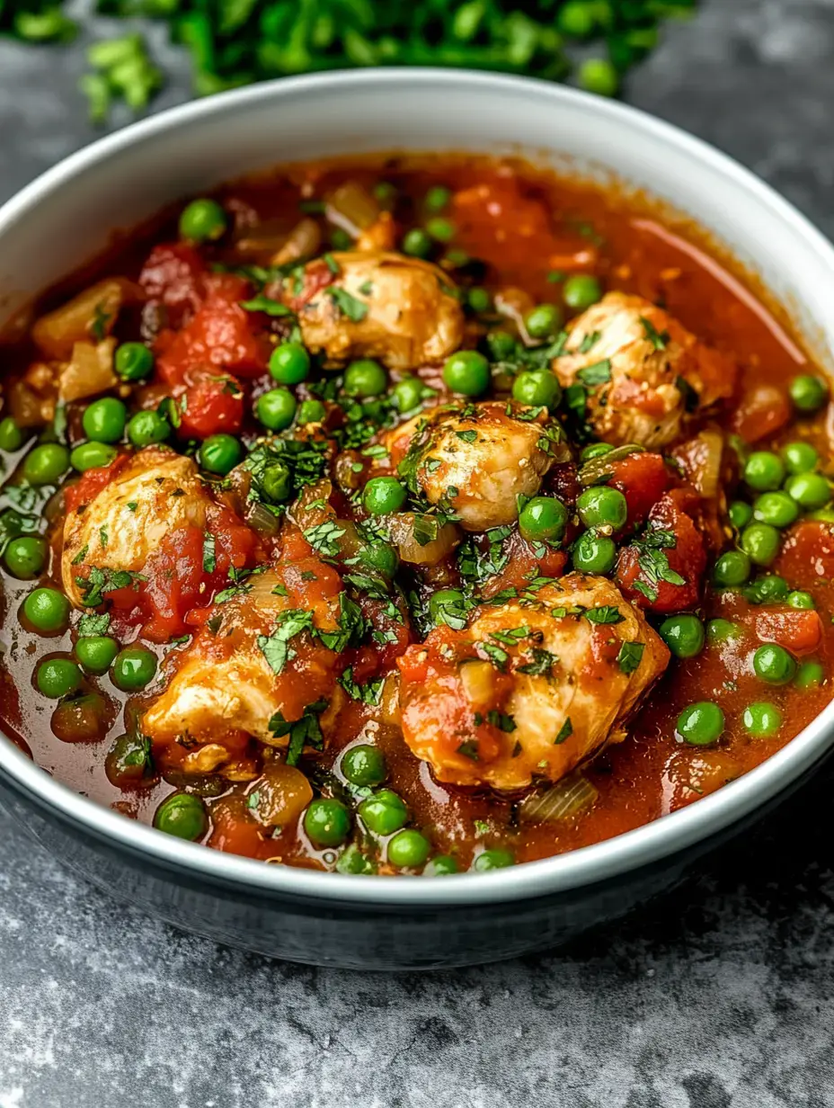 A hearty bowl containing chicken stew with green peas, tomatoes, and aromatic herbs in rich sauce.