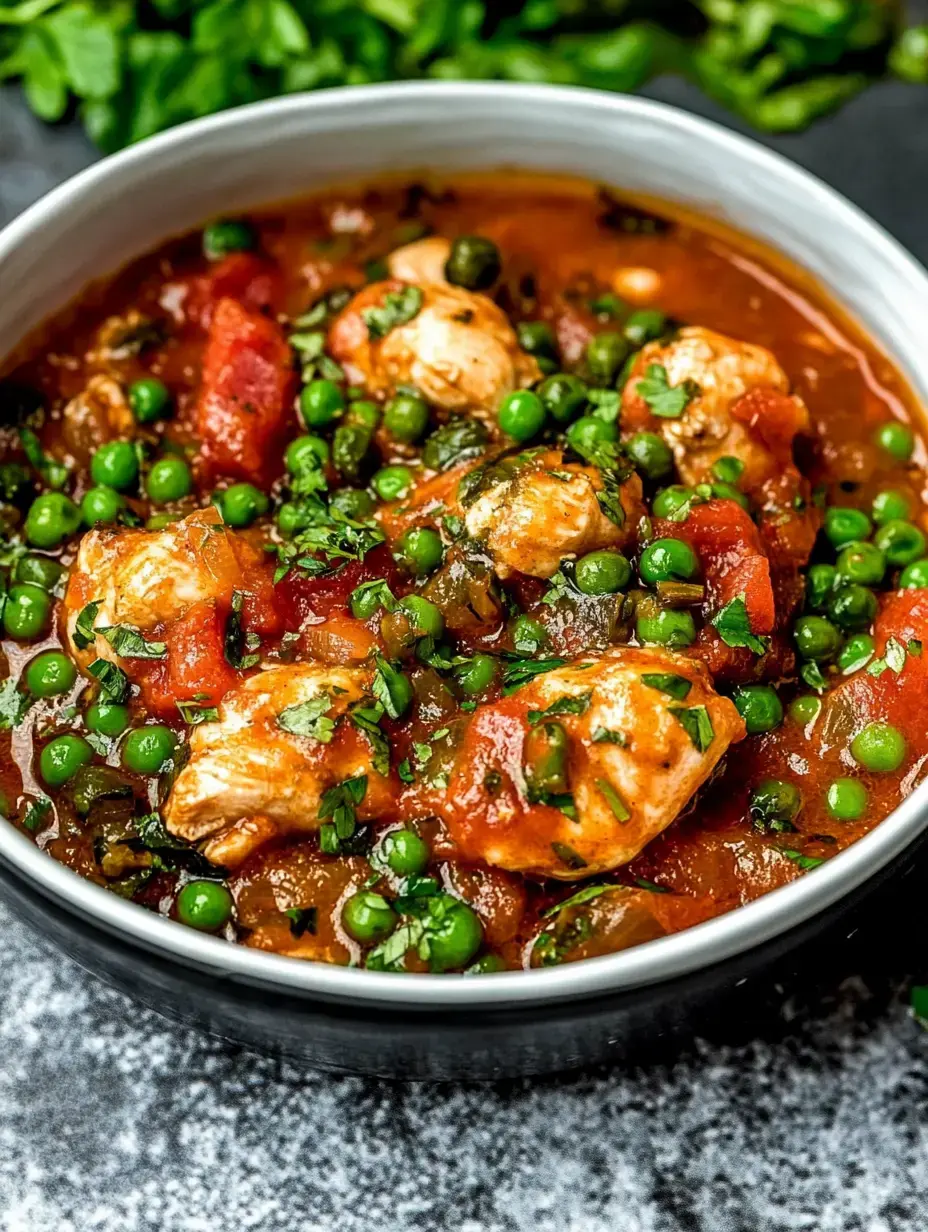 A steaming bowl of rich tomato and pea stew topped with fresh green herbs.