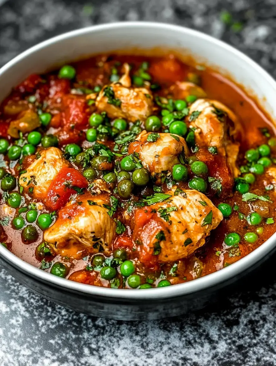 A steaming bowl filled with chicken and peas in thick tomato gravy garnished with aromatic herbs.