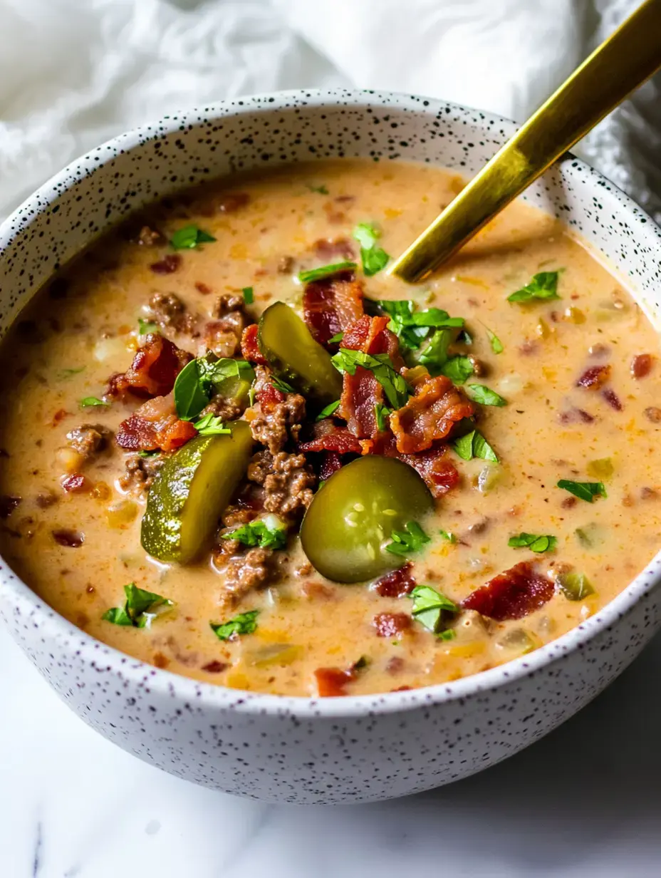 A bowl of creamy soup topped with crispy bacon, ground beef, pickles, and fresh herbs.