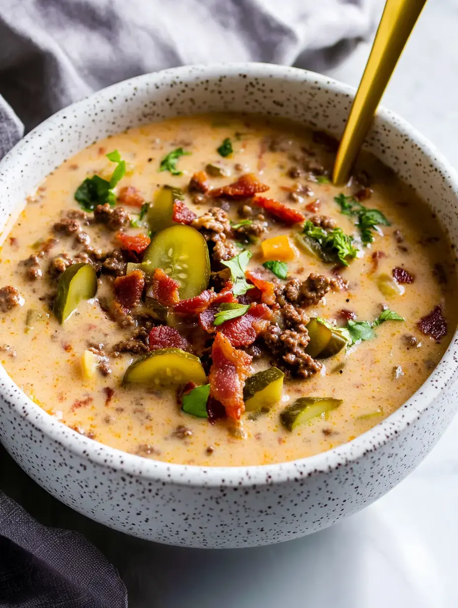 A creamy soup filled with ground beef, bacon, pickles, and garnished with fresh herbs, served in a speckled bowl.