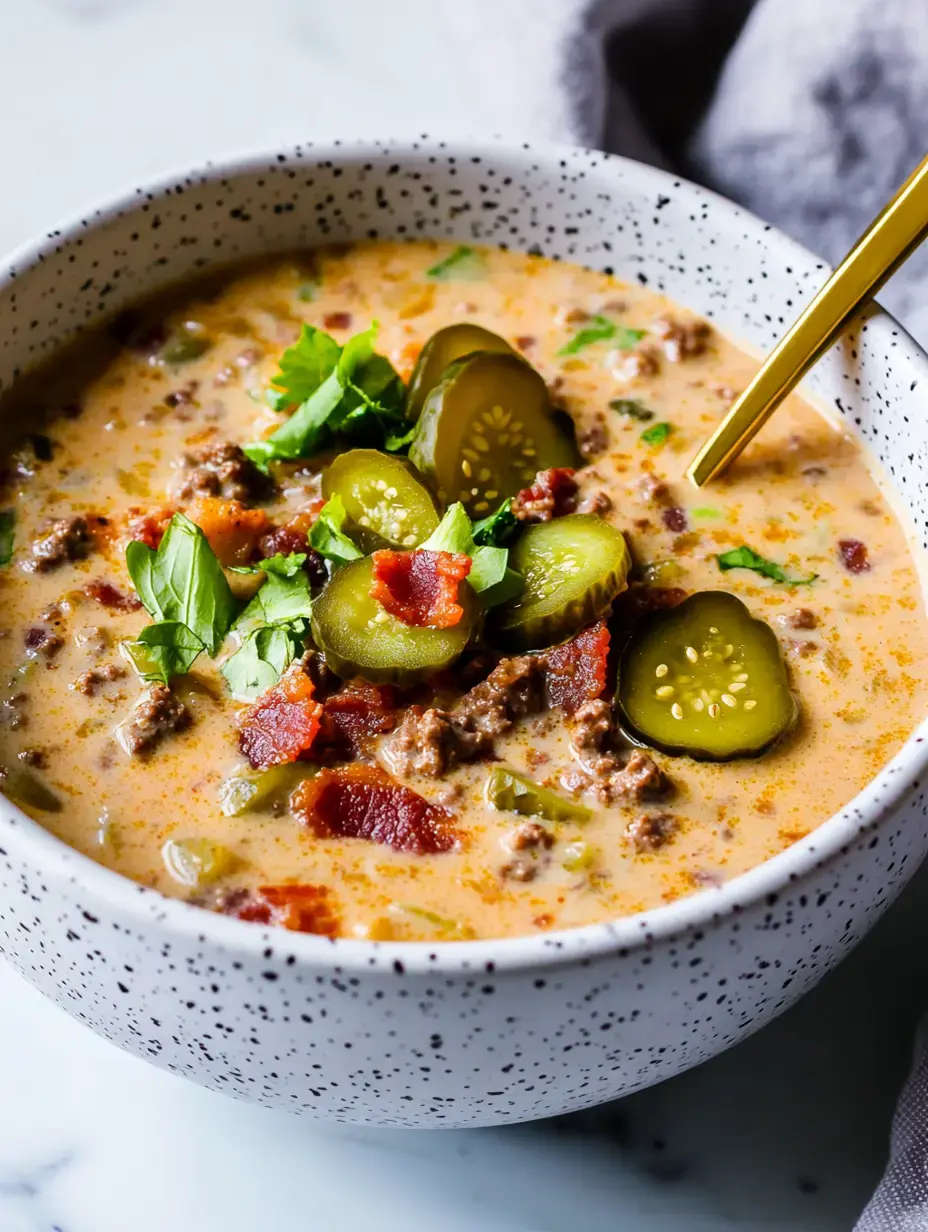 A speckled bowl of creamy soup topped with pickles, bacon, cilantro, and ground meat.