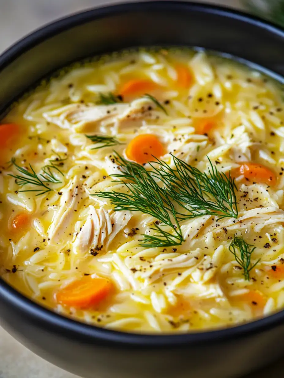 Bowl of steaming chicken soup with orzo, topped with fresh dill and colorful carrot pieces floating in broth.