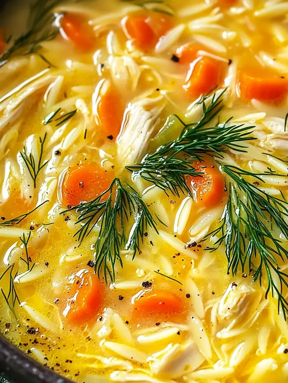 Steamy bowl showing creamy white soup with small pasta pieces, orange carrots, and green dill garnish.