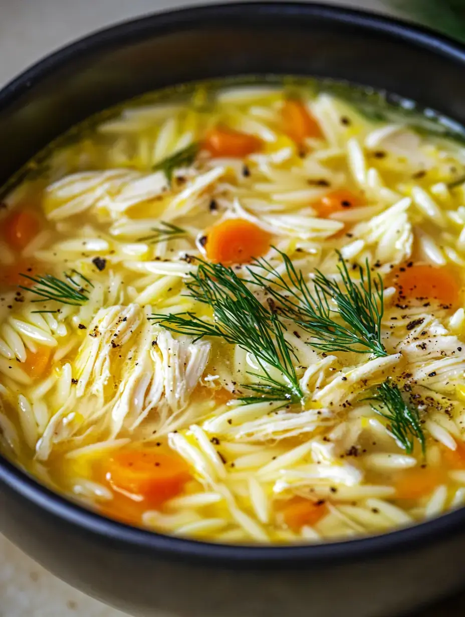 Steaming chicken soup closeup with pasta pieces, orange carrot chunks and green dill sprinkled with black pepper.