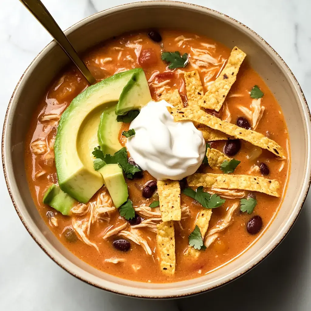 A creamy bowl filled with chicken, avocado slices, tortilla strips, sour cream, and cilantro.
