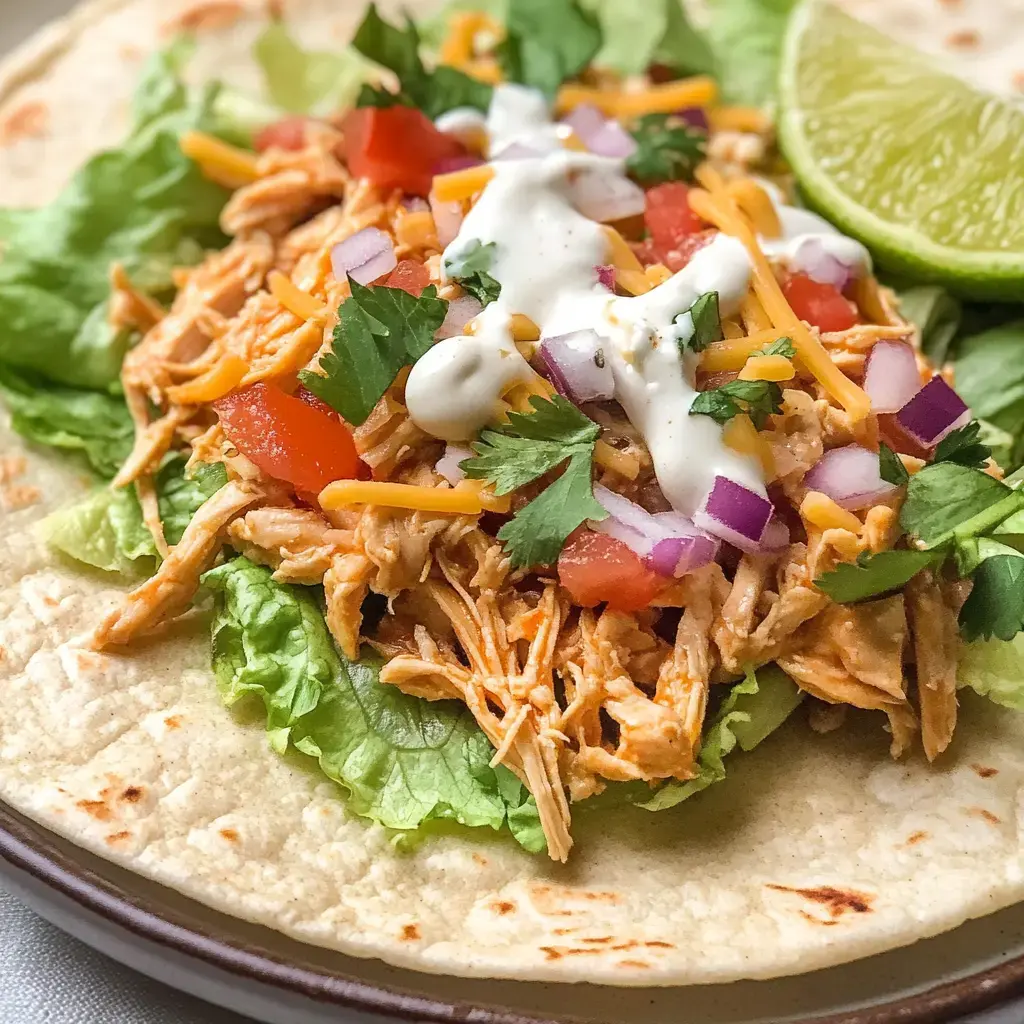 A soft tortilla stuffed with shredded chicken, cilantro, tomatoes, lettuce, and cheese, topped with sour cream and lime wedge.