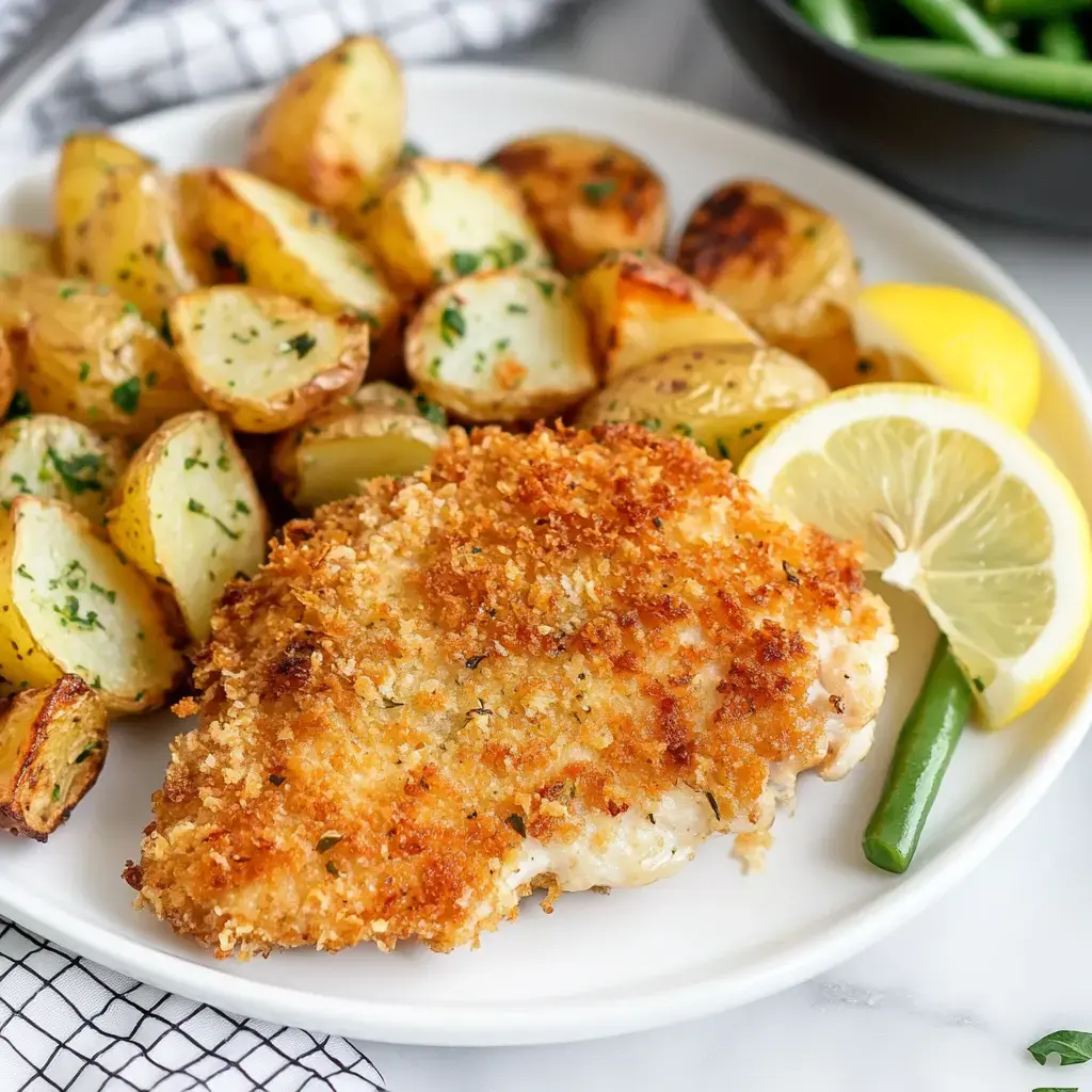 Golden crust chicken next to baby potatoes, lemon wedges, green beans, and parsley garnish.