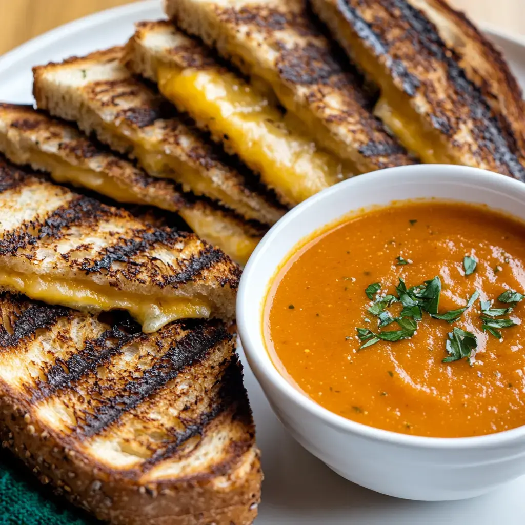 Melted mini sandwiches served with a tomato soup bowl topped with fresh herbs.