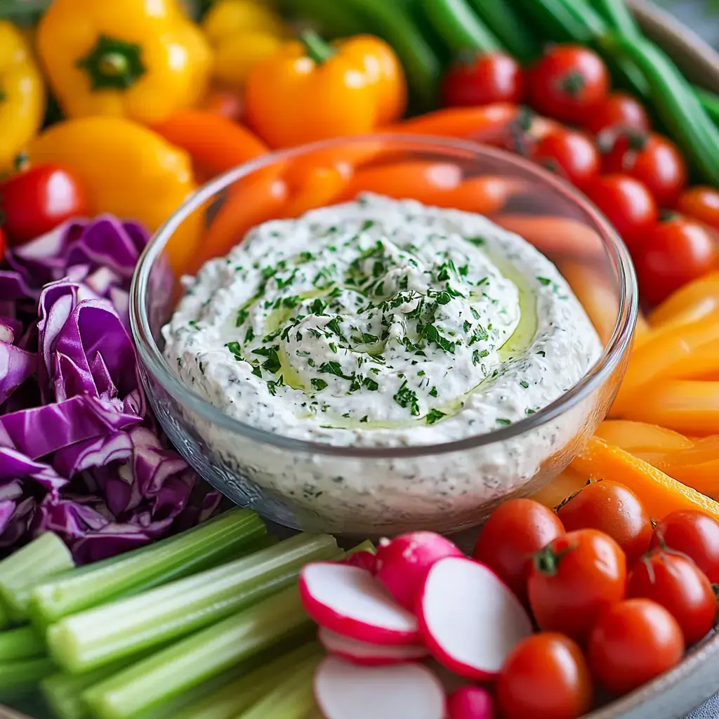A bowl of creamy dip surrounded by veggies like peppers, celery, cherry tomatoes, and radishes.