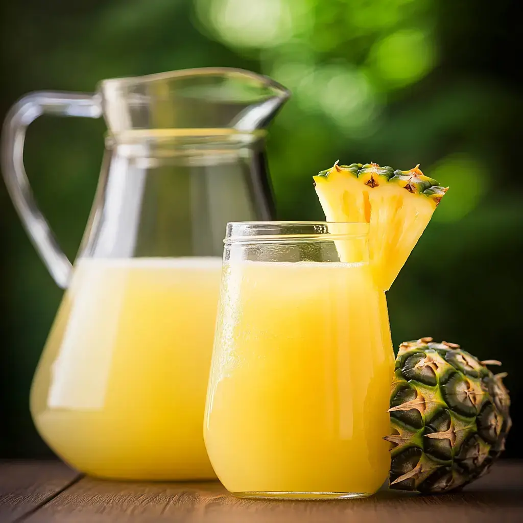 A tall glass of pineapple lemonade next to a pitcher and a fresh pineapple with greenery blurred in the background.