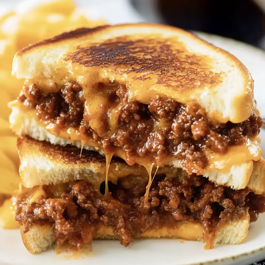 Close-up of cheesy grilled sandwich with beef filling, stacked and paired with chips.