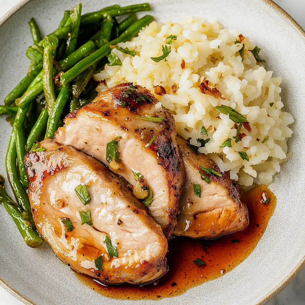 A plate with glazed pork, side green beans, and rice sprinkles.