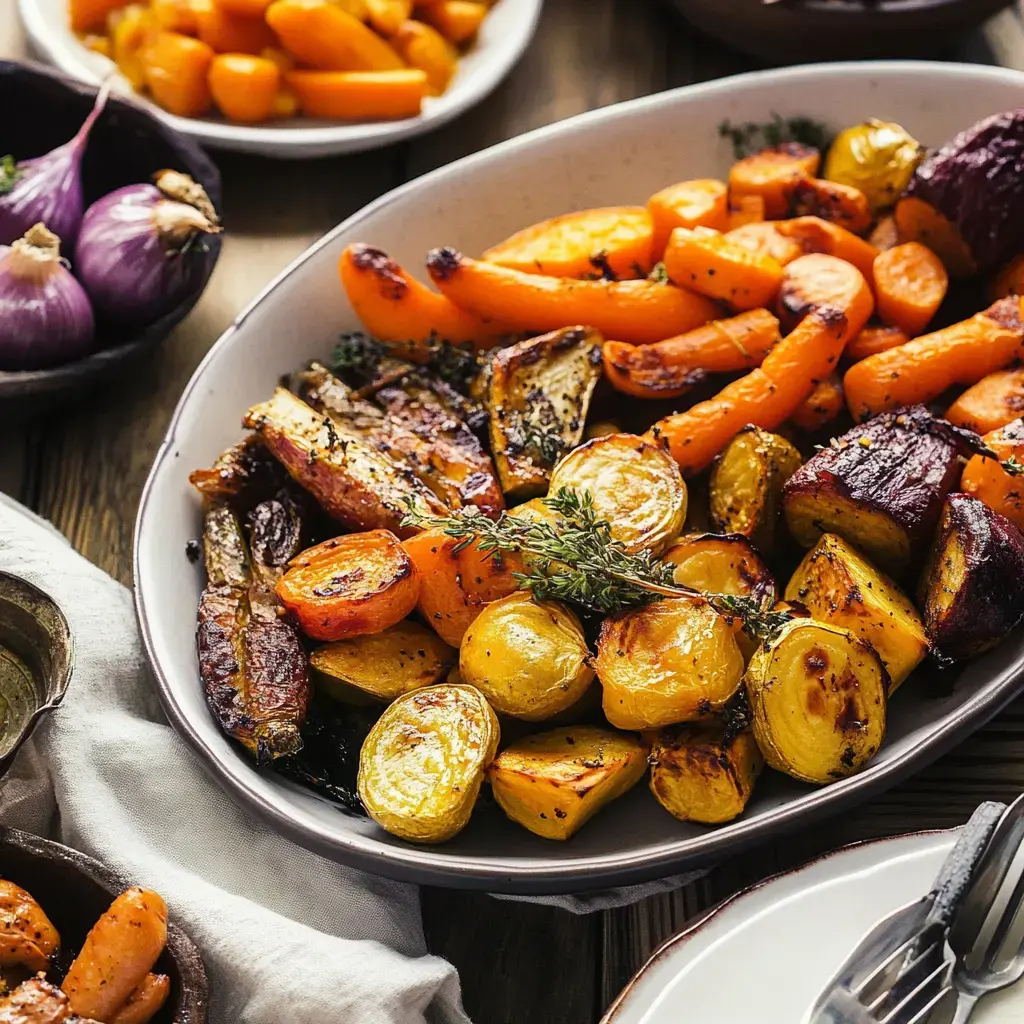 A colorful display of roasted veggies including carrots and potatoes, finished with fresh herbs, set near a bowl of extra roasted pieces.