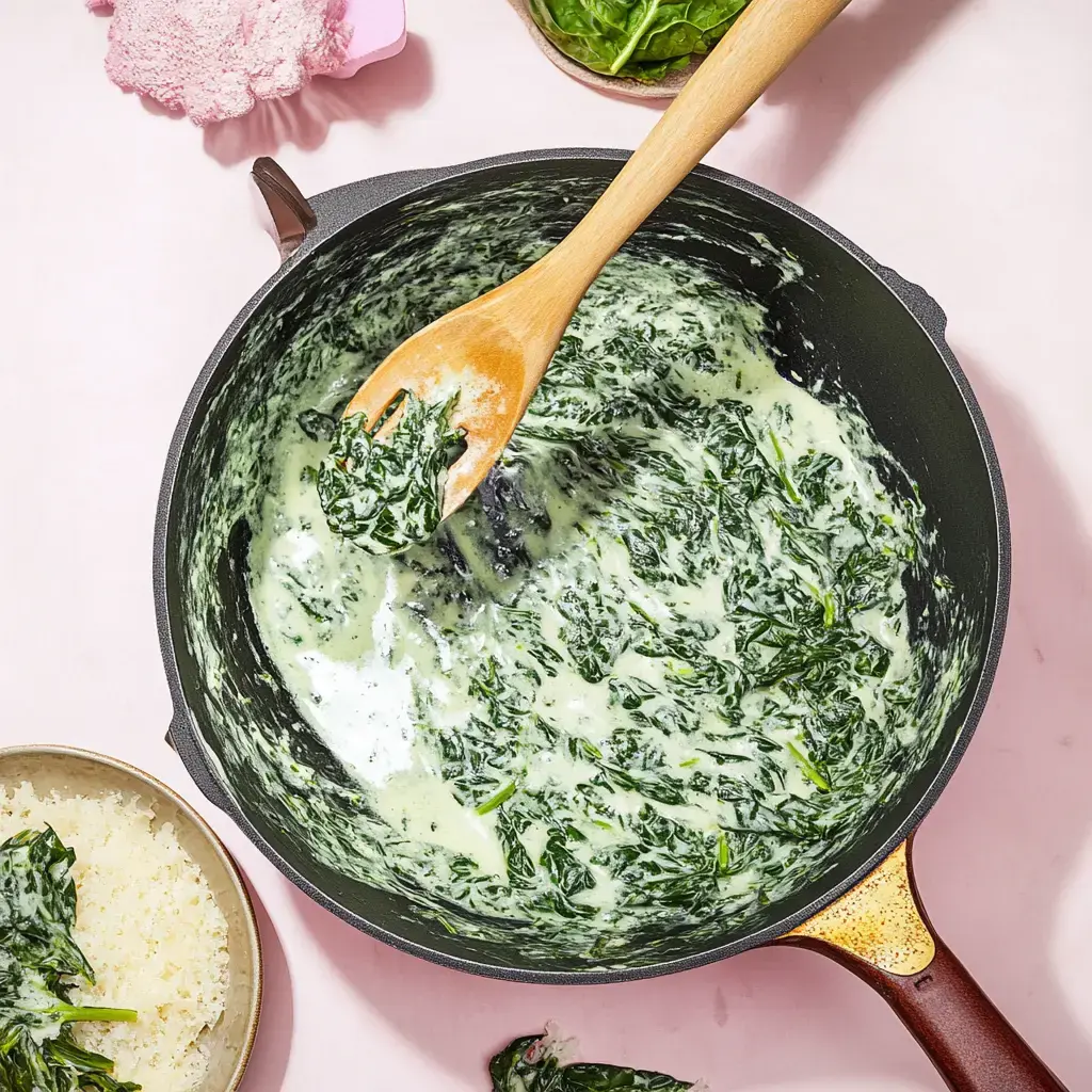 A black pot with creamy spinach being stirred by a wooden spoon, surrounded by rice and spinach leaves on a pink surface.