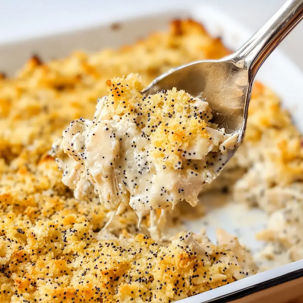 A freshly baked creamy chicken casserole being served with a crispy, golden topping.