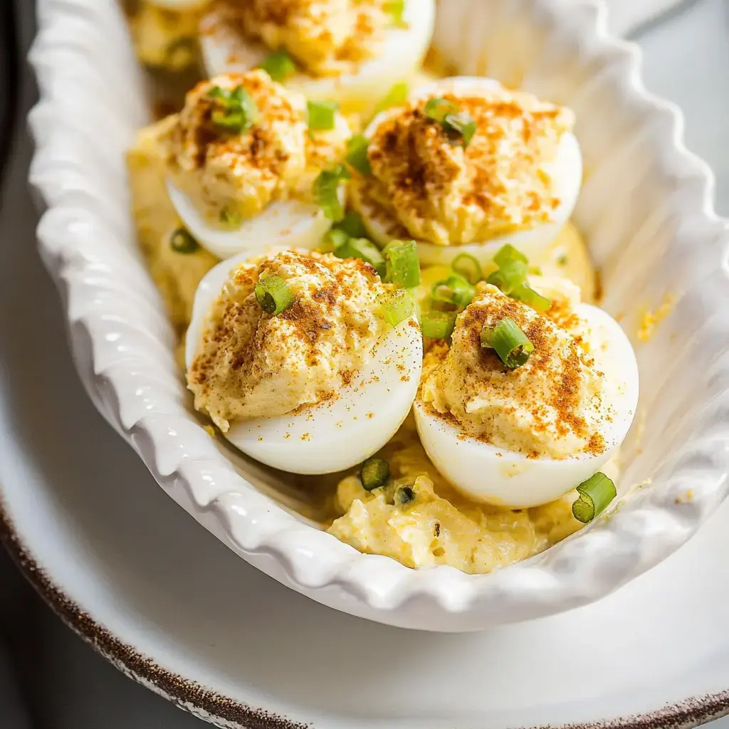 A platter of halved eggs filled with a rich, creamy mixture, dusted with paprika and dotted with green onion bits.