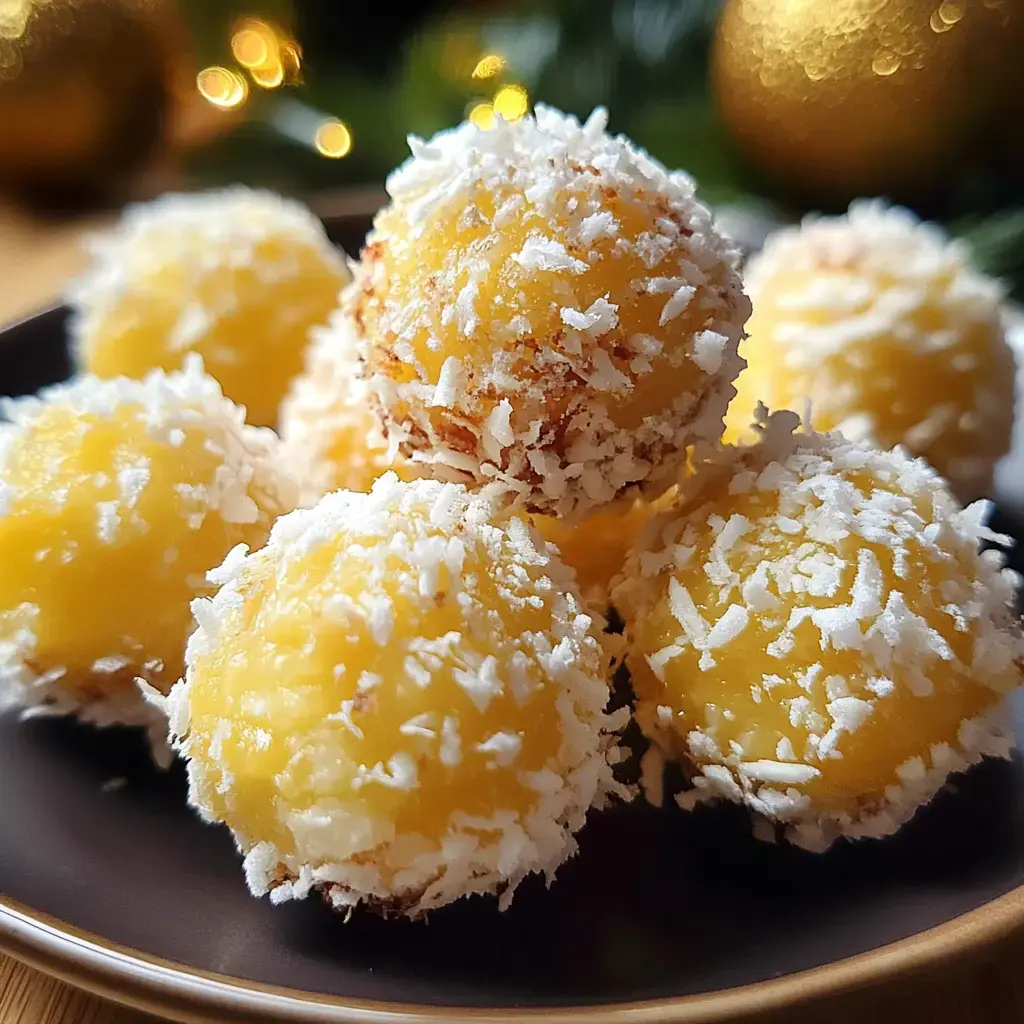 A festive plate of creamy coconut-covered treats showing a golden pineapple center, arranged neatly on a table.