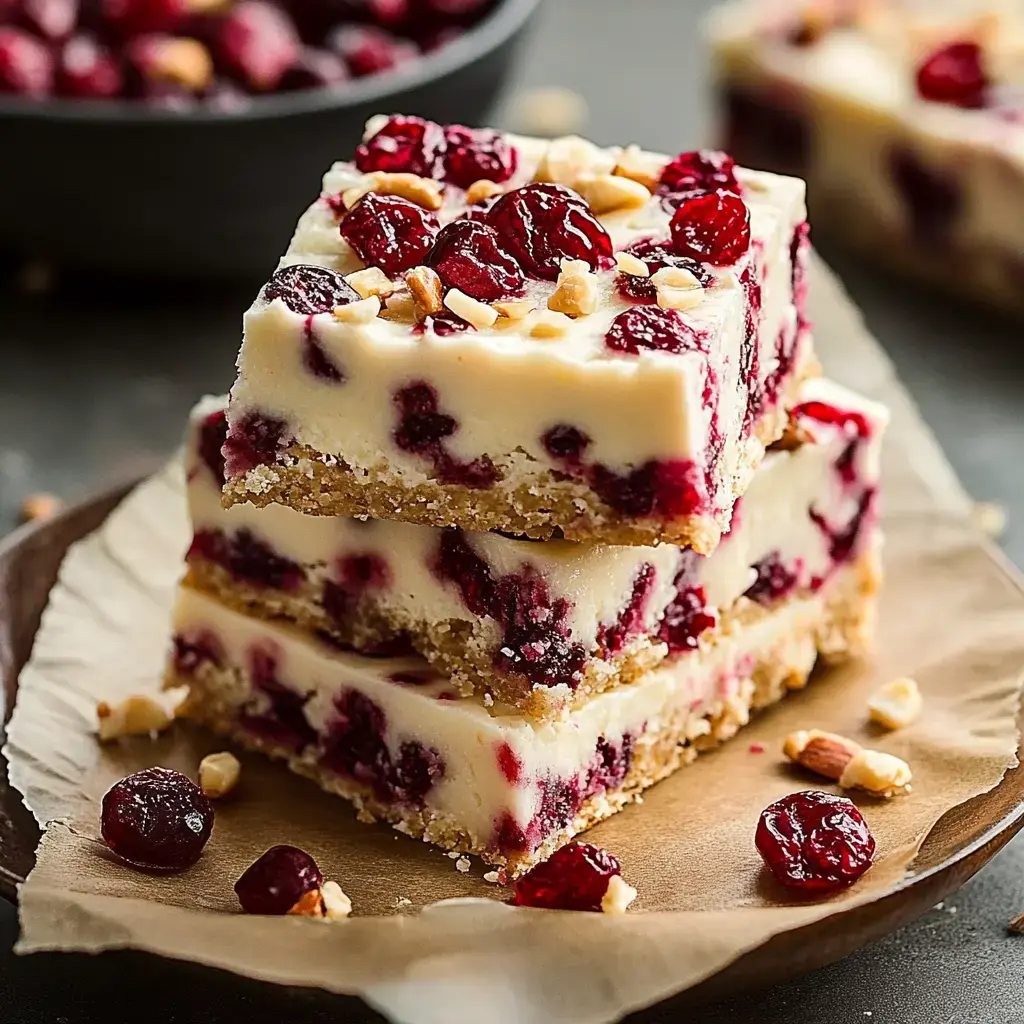 Three dessert bars stacked, topped with white frosting, cranberries, and nuts on parchment paper.