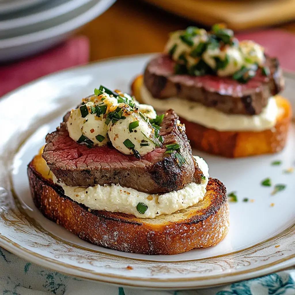 Crispy baguette slices topped with juicy meat, creamy dressing, and golden onions, finished with fresh herbs.