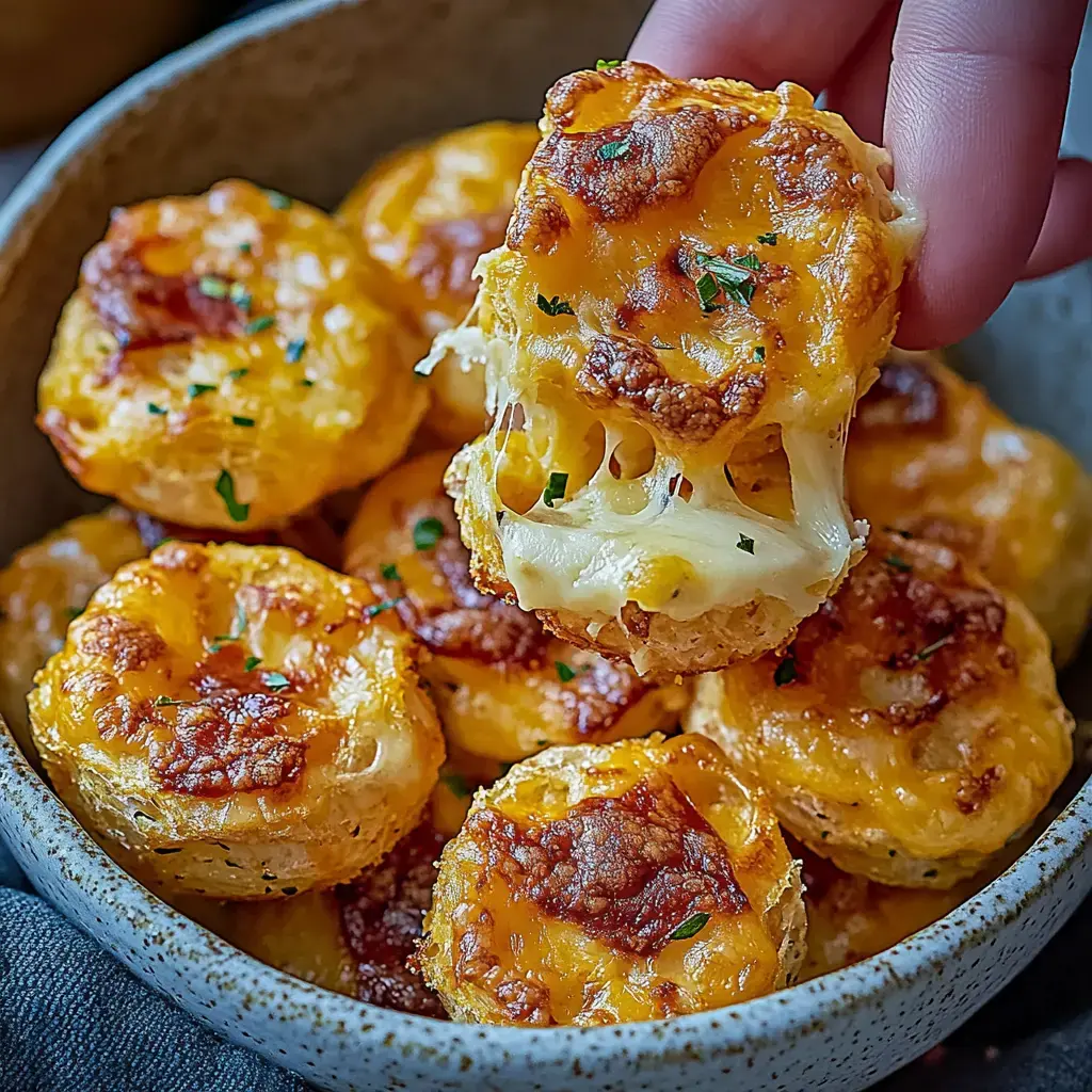 A cheesy golden snack held above a bowl full of similar tasty treats.