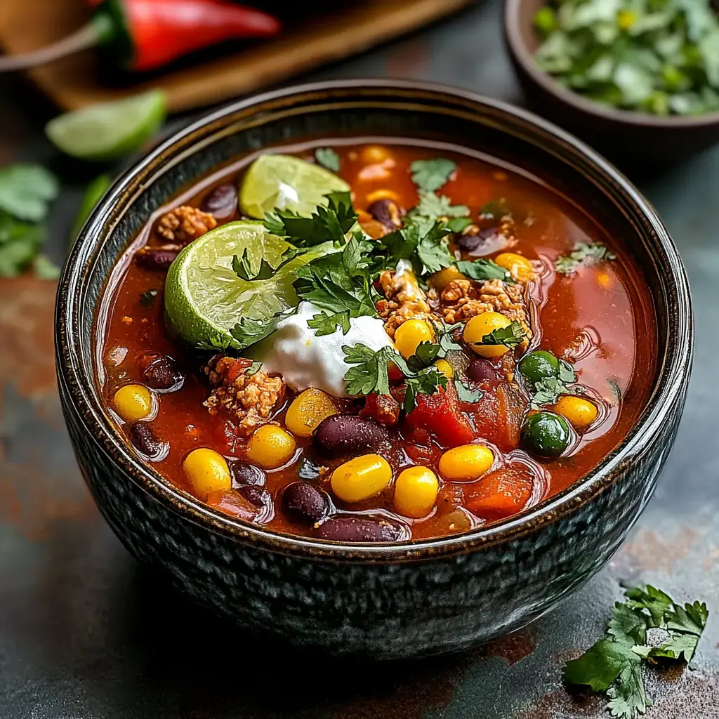 A detailed shot of a chili-filled bowl, garnished with lime wedges, cilantro, and sour cream, surrounded by fresh ingredients.