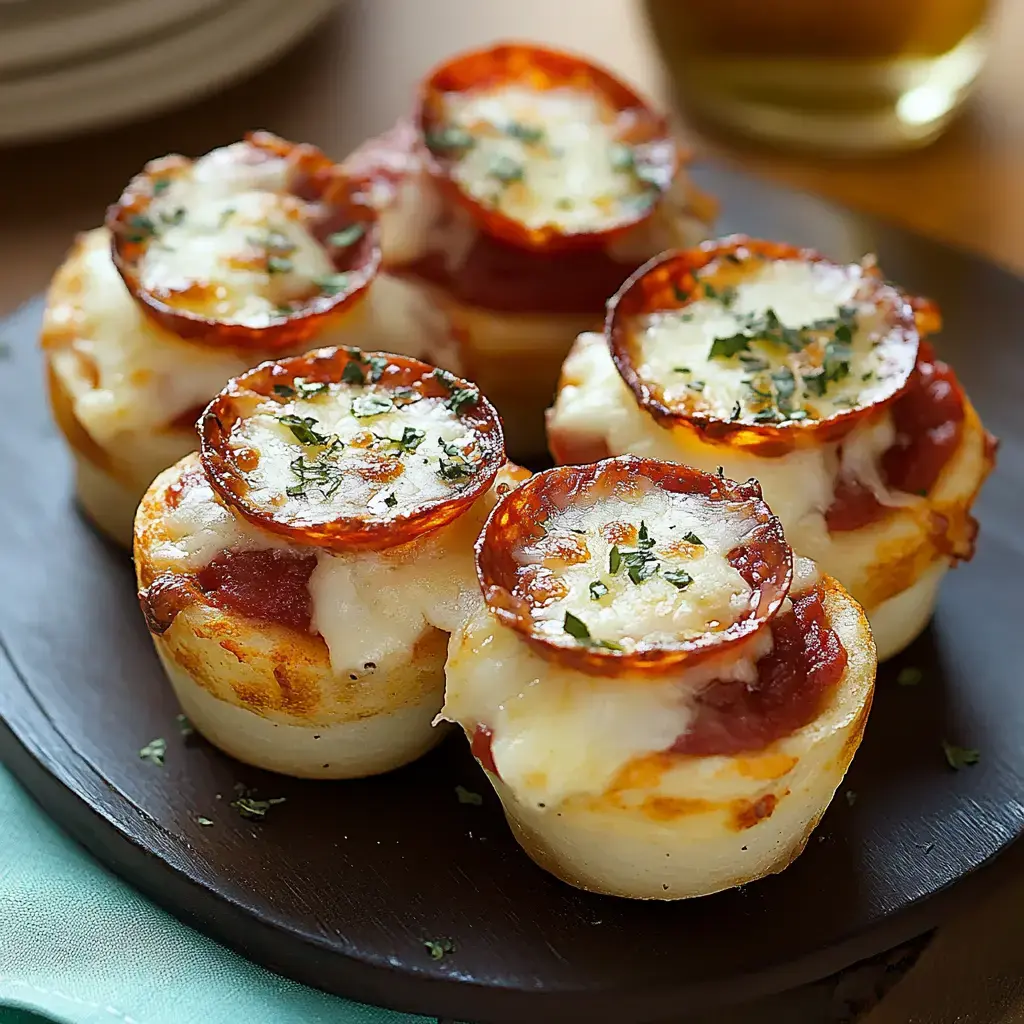 Mini pizza puffs topped with melted cheese, herbs, and pepperoni on a plate.