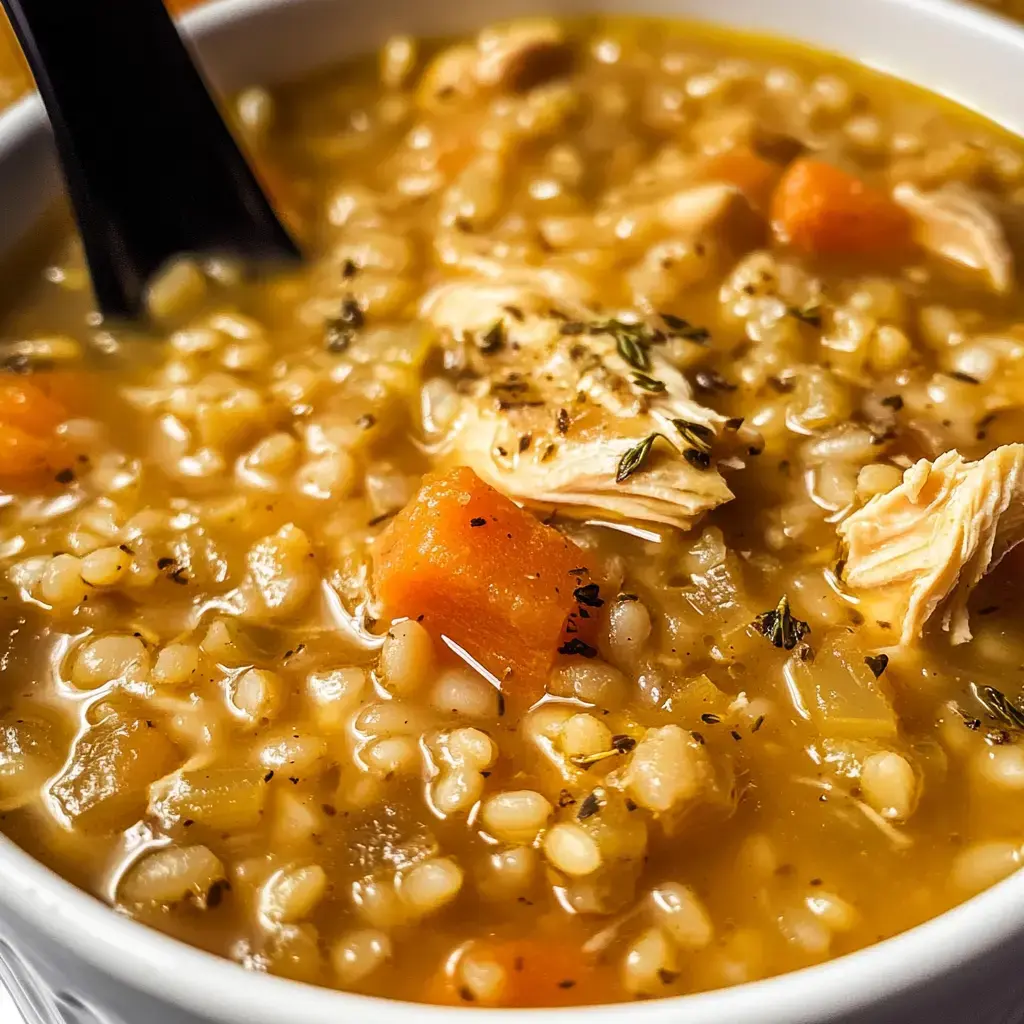 A bowl filled with steaming soup showing chunks of chicken, sliced carrots, and pearls of barley topped with fresh herbs.