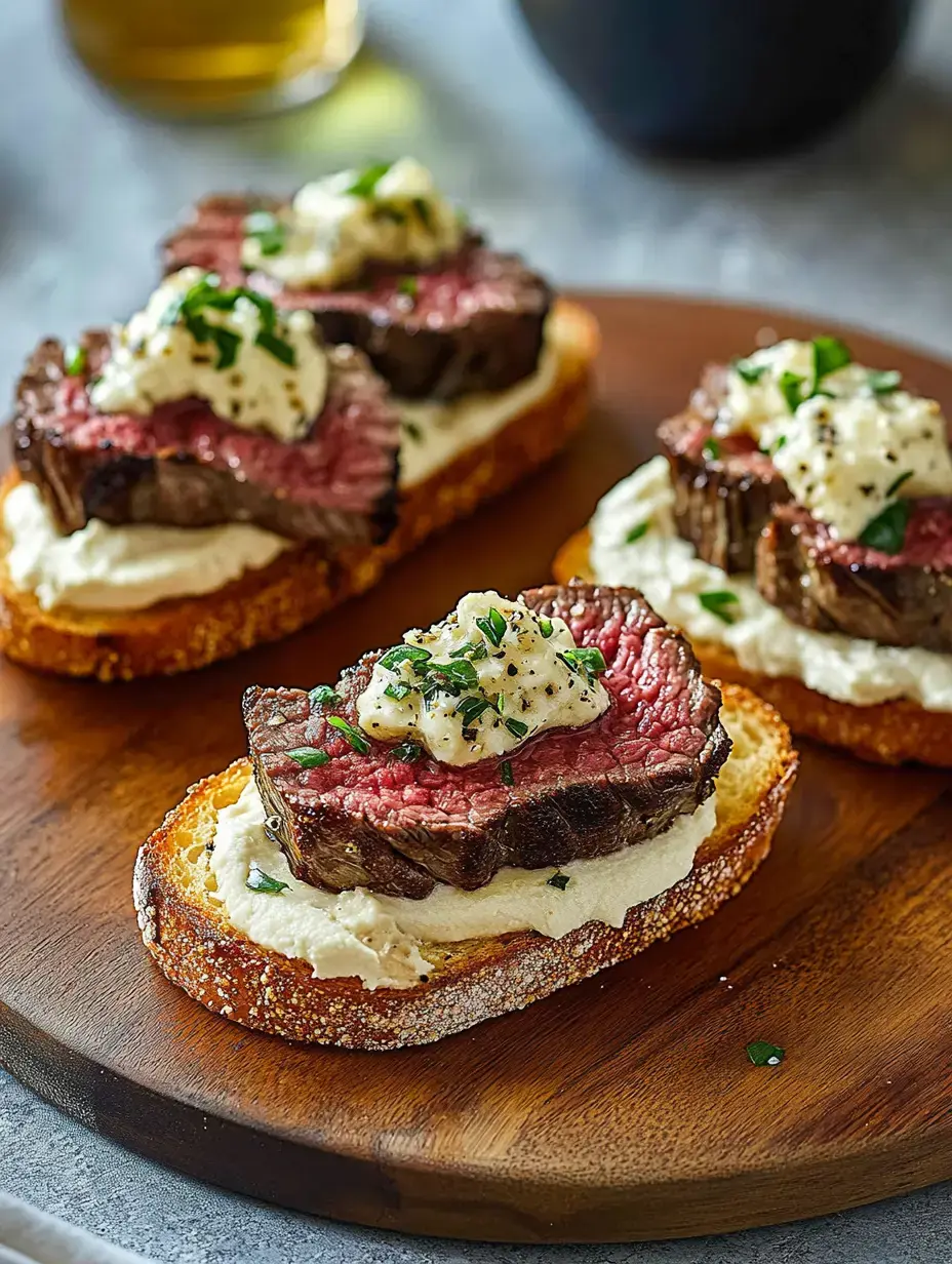 Toasted bread topped with thinly sliced beef and creamy spread, garnished with herbs on a wooden serving board.