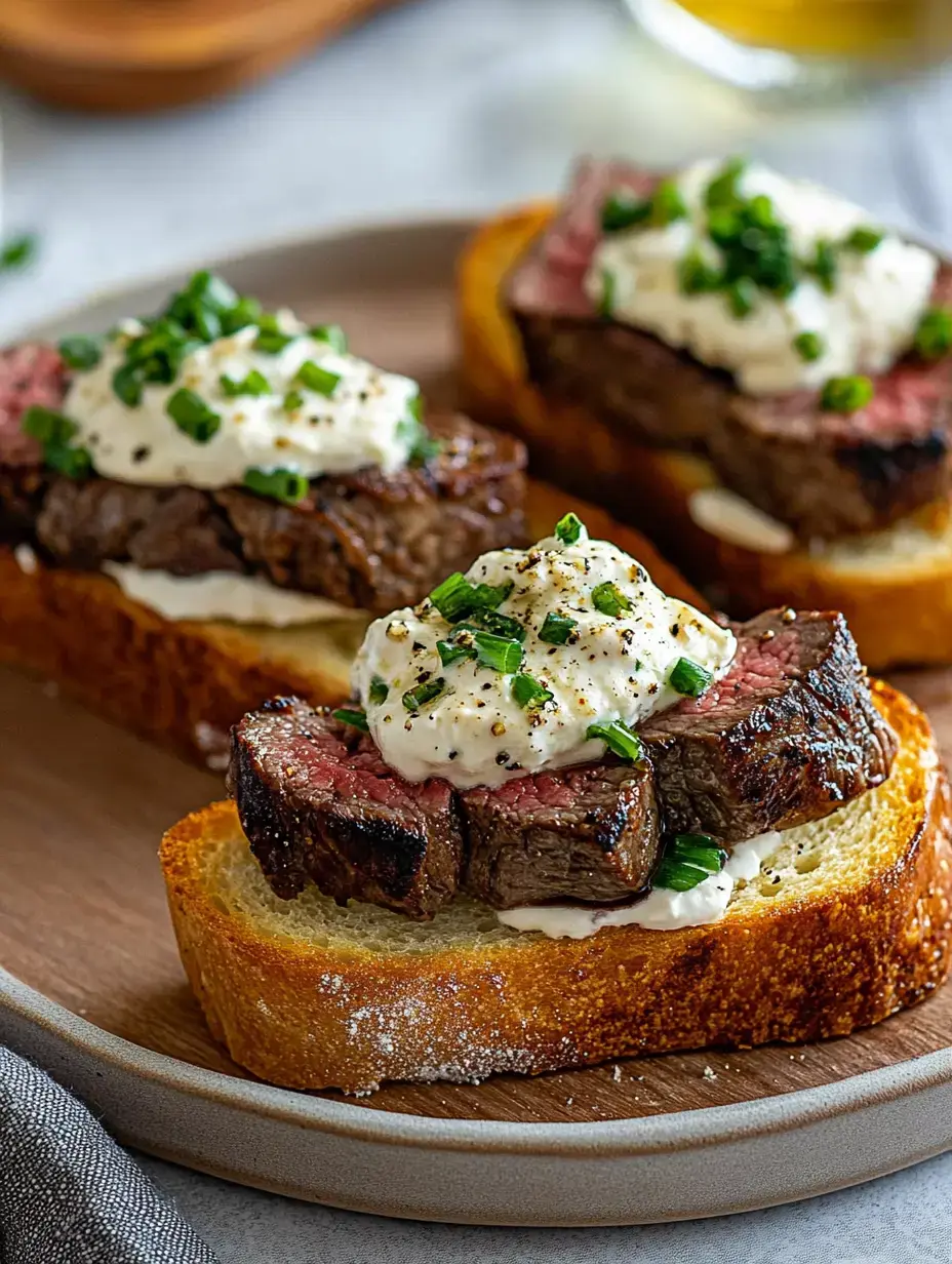 Toasted bread slices topped with cooked steak, white creamy sauce, and green onion pieces.