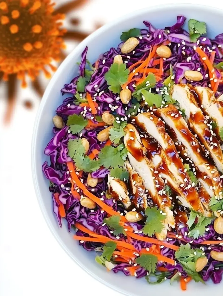 A vibrant bowl of purple cabbage salad topped with grilled chicken slices, carrots, cilantro, sesame seeds, and peanuts.