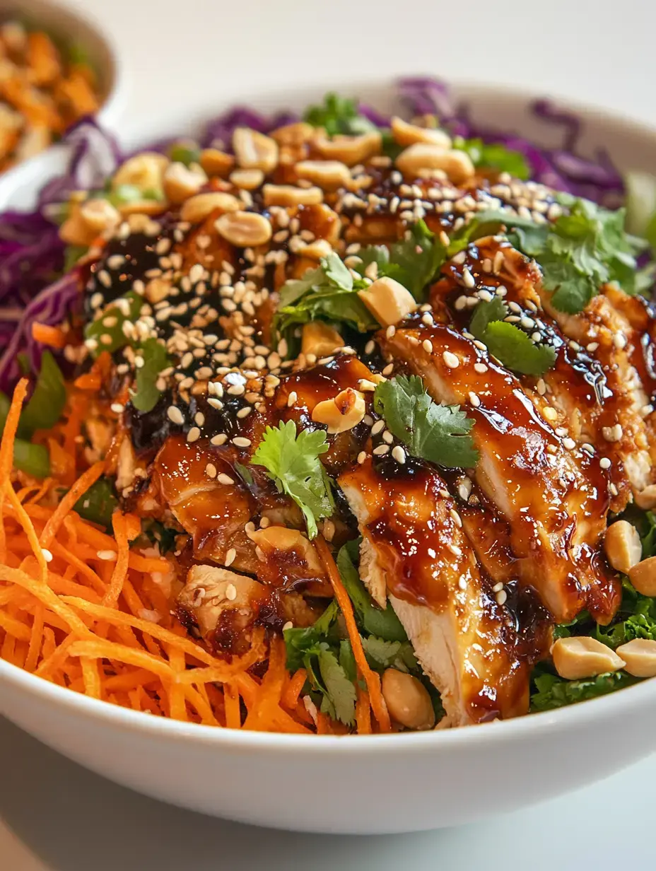 A colorful salad bowl featuring grilled chicken, sesame seeds, chopped peanuts, carrots, cilantro, and purple cabbage drizzled with a savory sauce.
