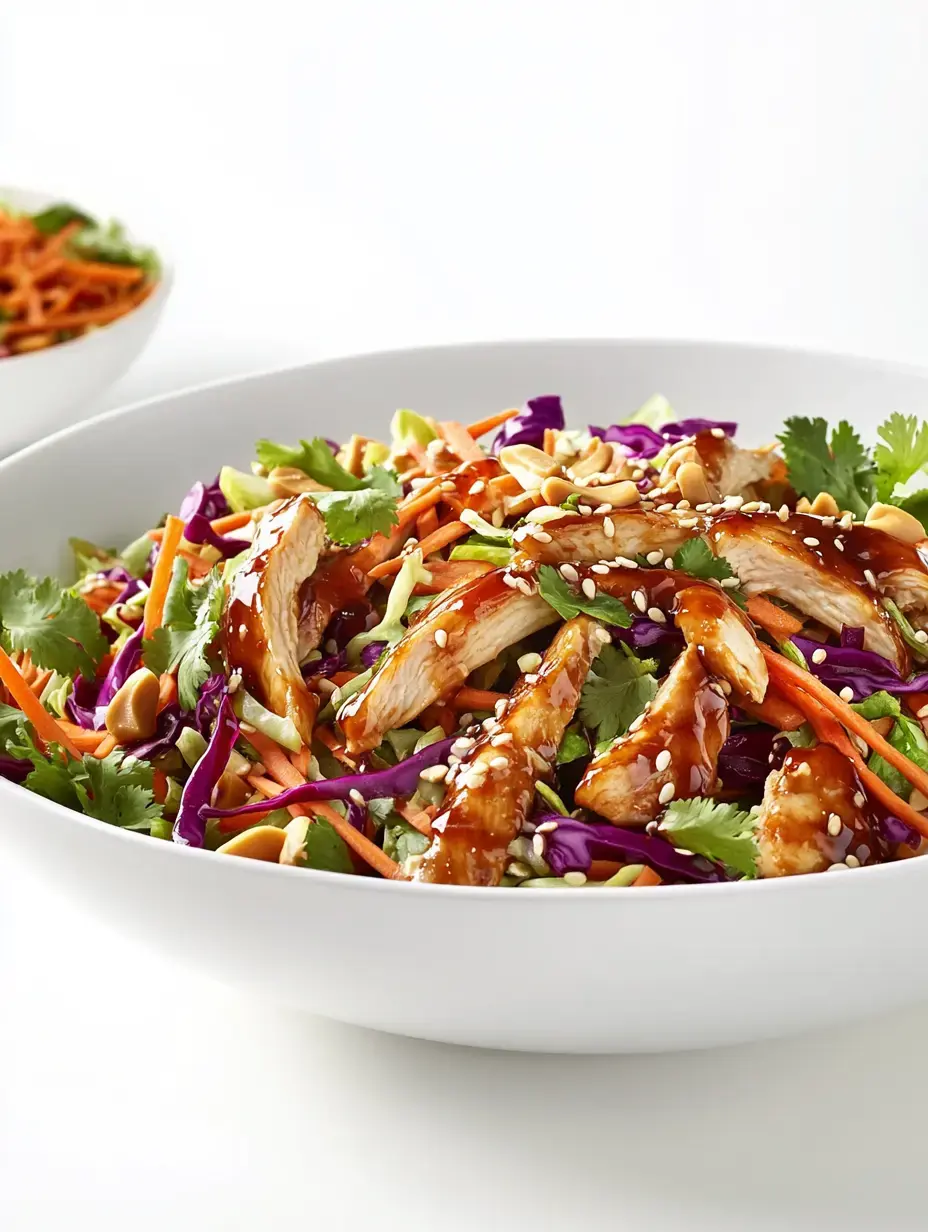 A vibrant salad featuring shredded vegetables, grilled chicken, sesame seeds, and cilantro, drizzled with a savory sauce.