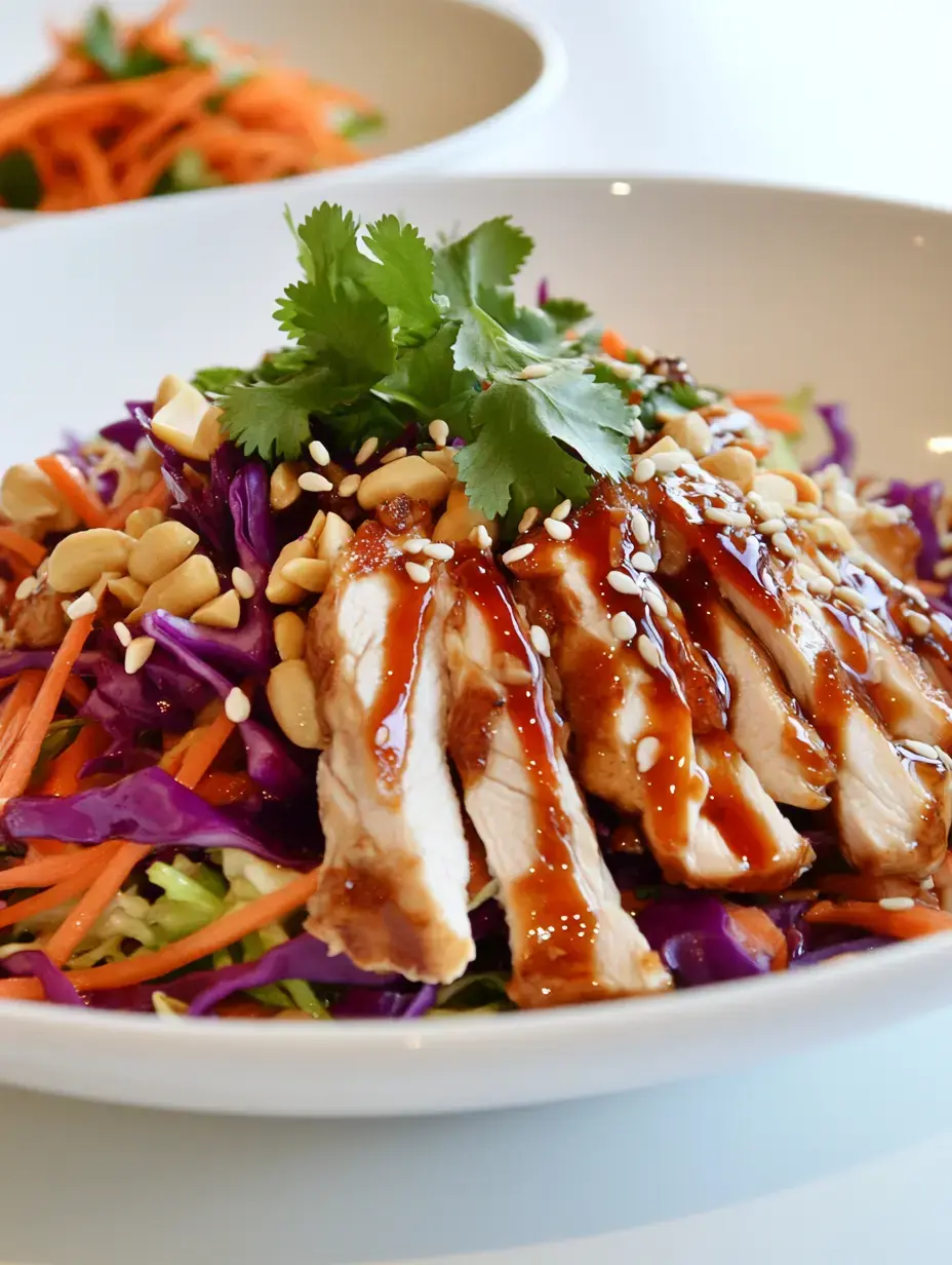 A colorful salad topped with sliced grilled chicken, peanuts, sesame seeds, and fresh cilantro, drizzled with a tangy sauce.