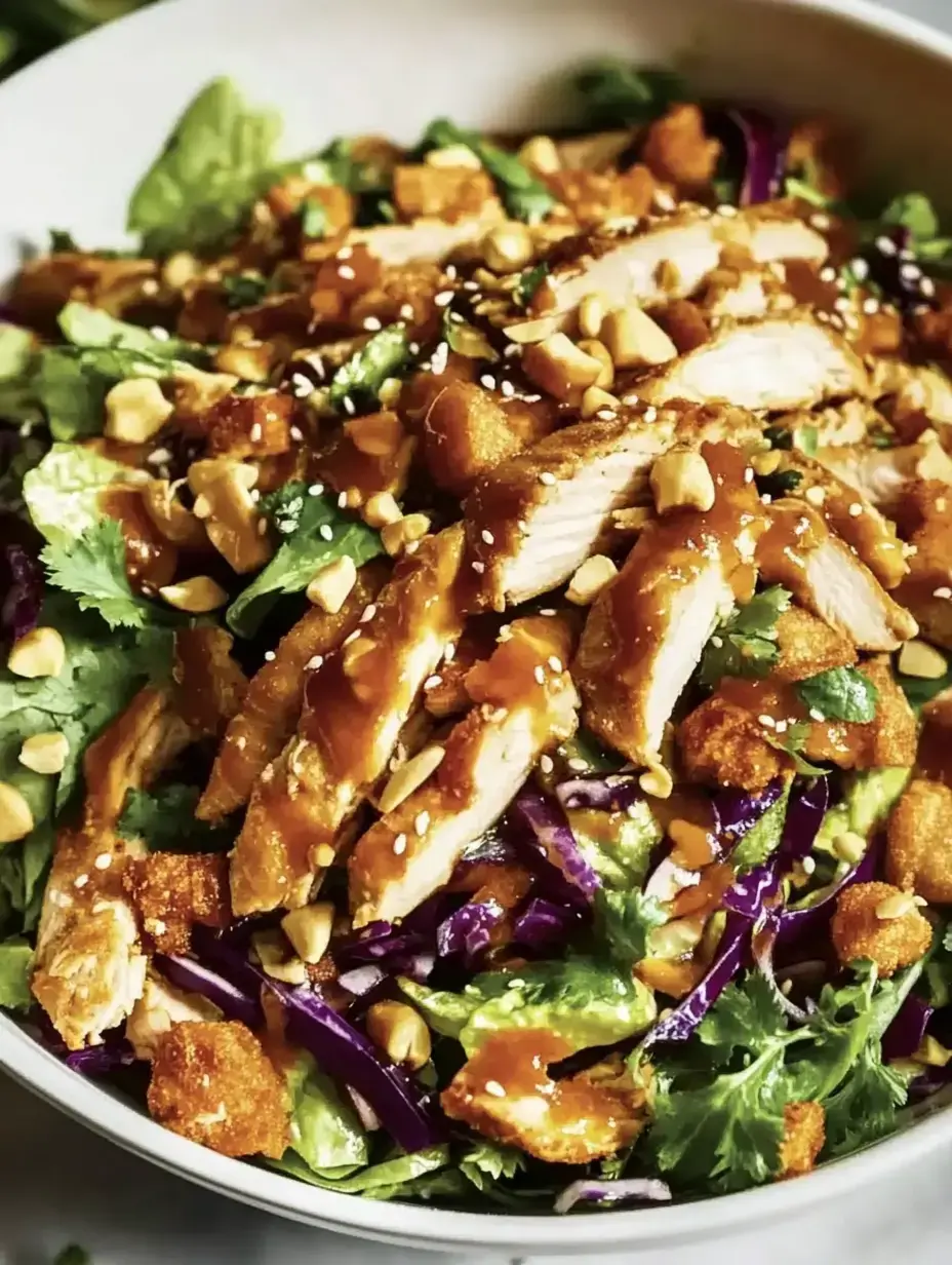 A vibrant salad topped with sliced grilled chicken, crushed peanuts, sesame seeds, and a drizzle of sauce, served in a bowl with mixed greens and purple cabbage.
