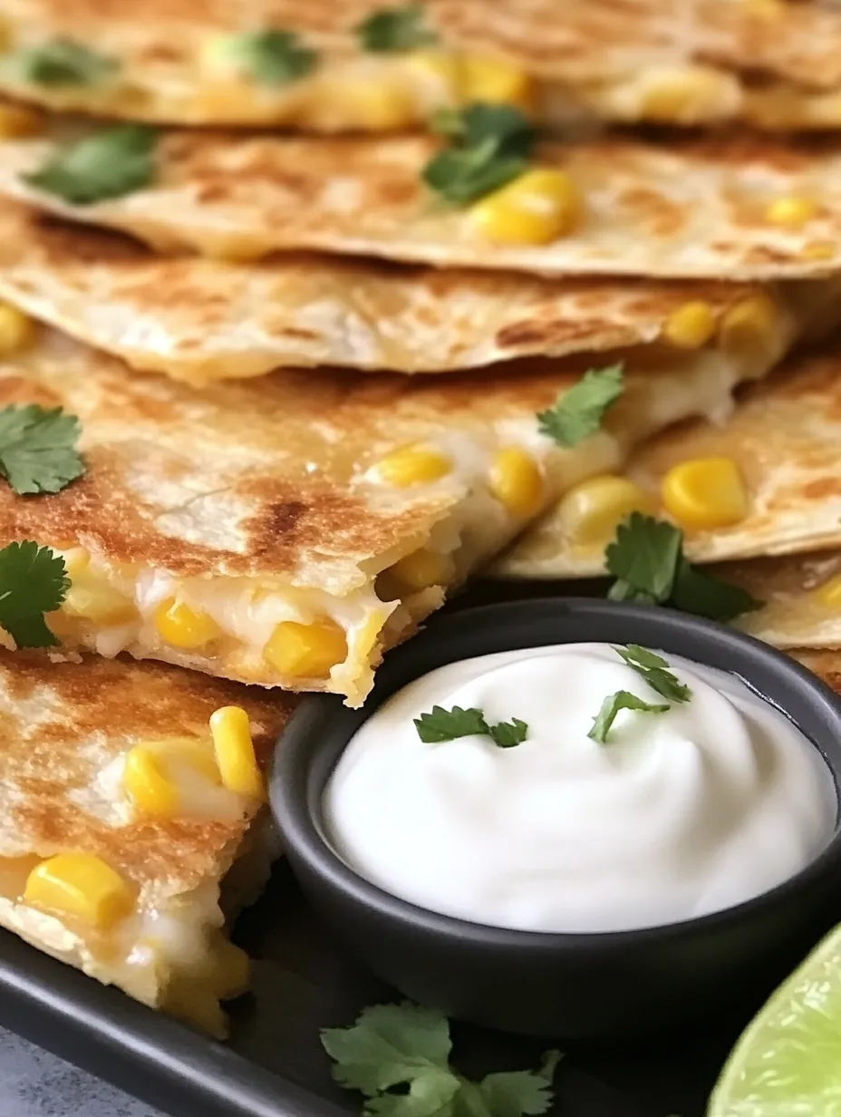 Cheesy Elote Quesadilla with Cumin Lime Crema Closeup