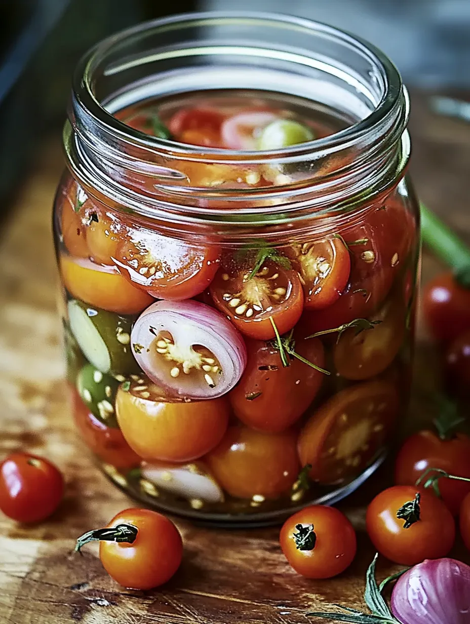 Pickled Cherry Tomatoes and Vegetables Jar Close-Up