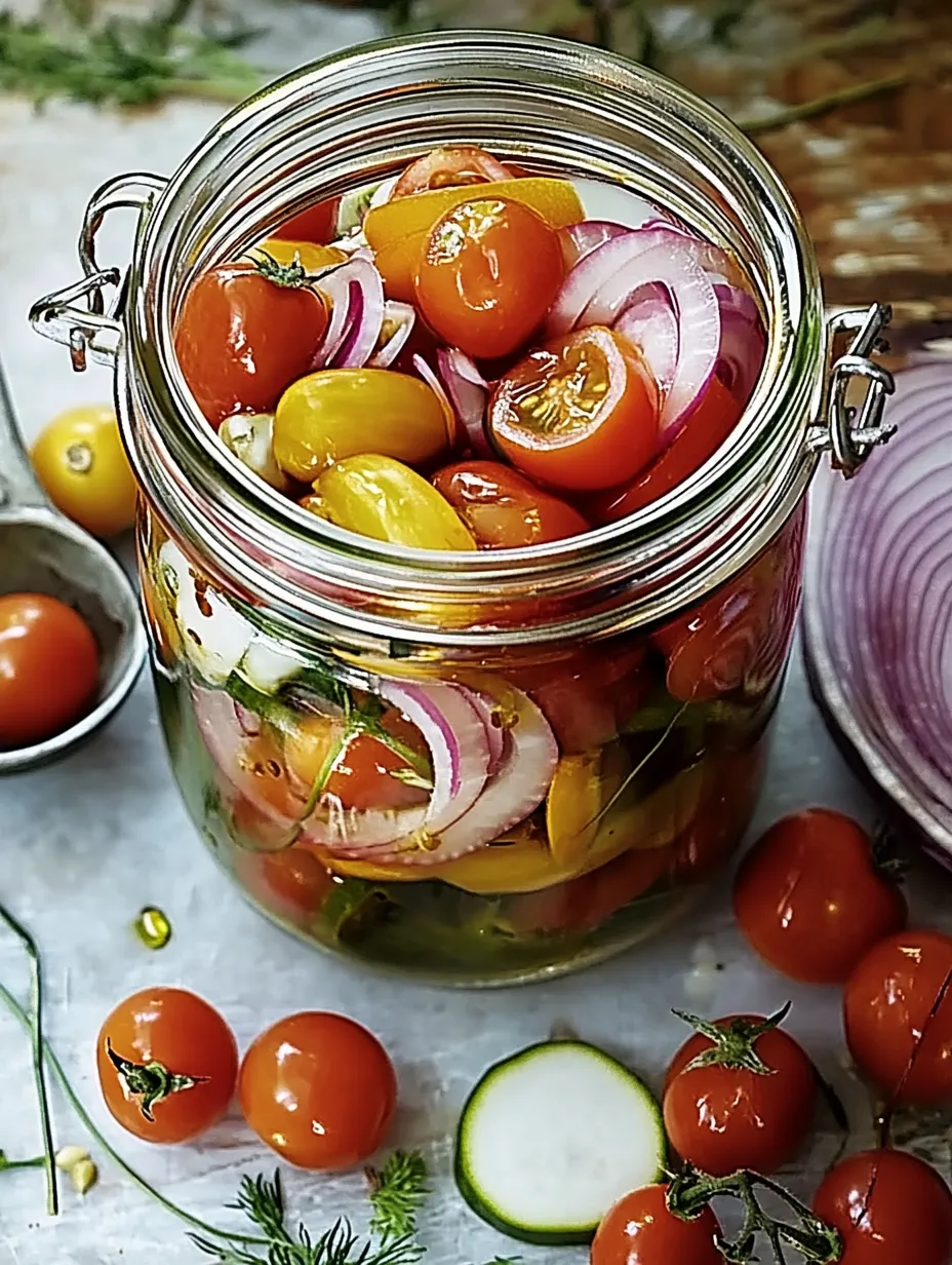 Jars With Quick Pickled Cherry Tomatoes and Veggies