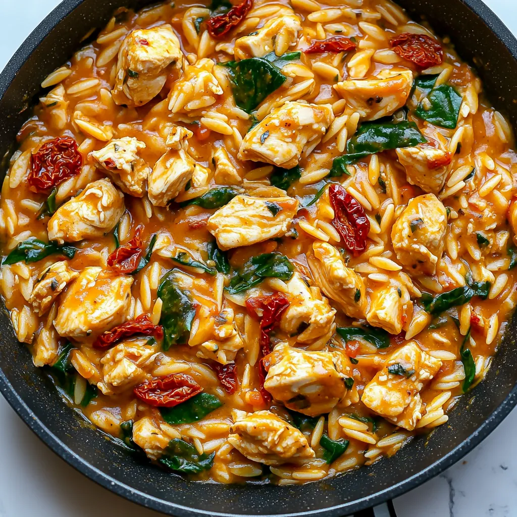 A scrumptious bowl of chicken and risoni pasta garnished beautifully, showing off its rich sauce and inviting appearance.